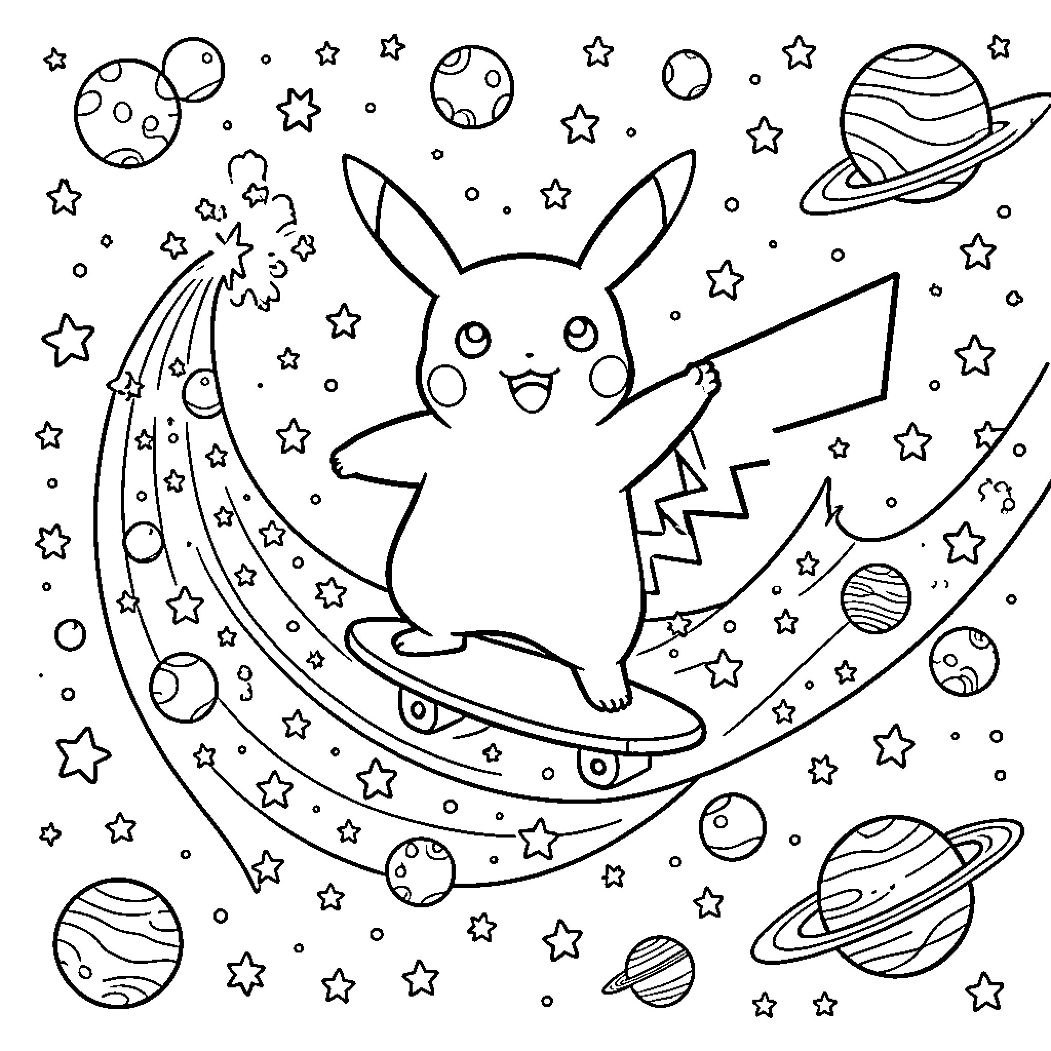 Pikachu riding a skateboard in space with planets Coloring Page (free black-and-white line drawing printable PDF for all, from beginners to advanced learners, including children, teens, adults, and seniors)