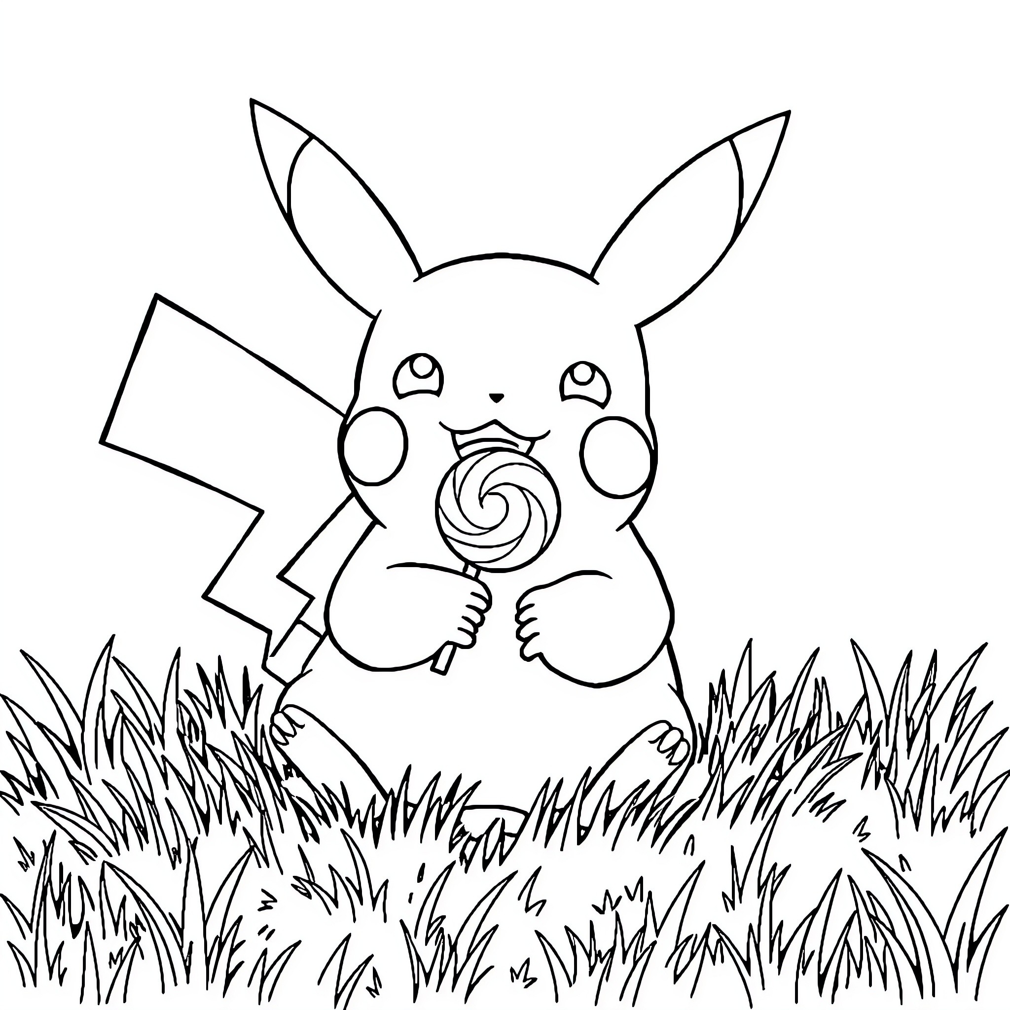 Pikachu enjoying a sweet treat in the grass Coloring Page (free black-and-white line drawing printable PDF for all, from beginners to advanced learners, including children, teens, adults, and seniors)