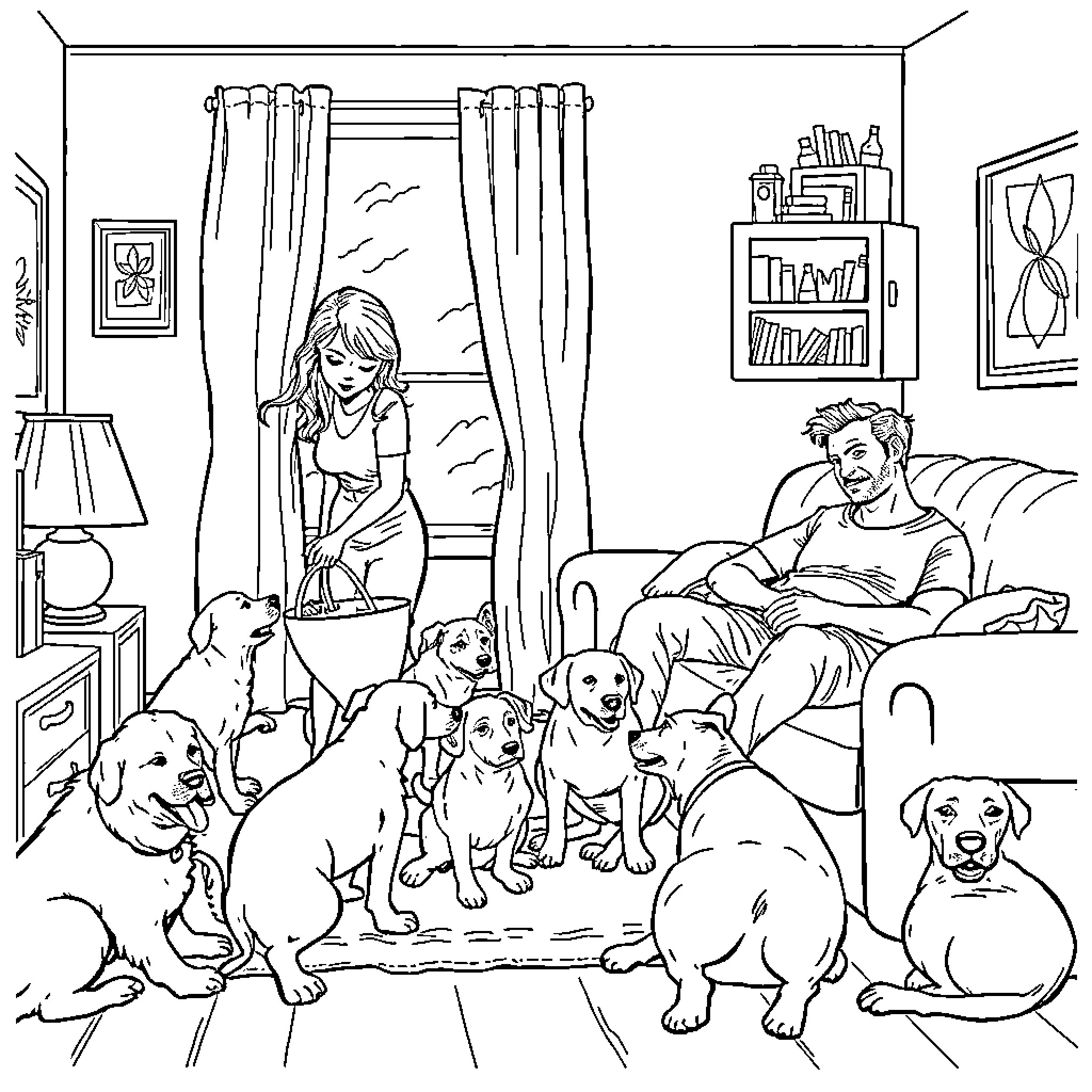 Wife plays with her dogs in cozy home Coloring Page (free black-and-white line drawing printable PDF for all, from beginners to advanced learners, including children, teens, adults, and seniors)