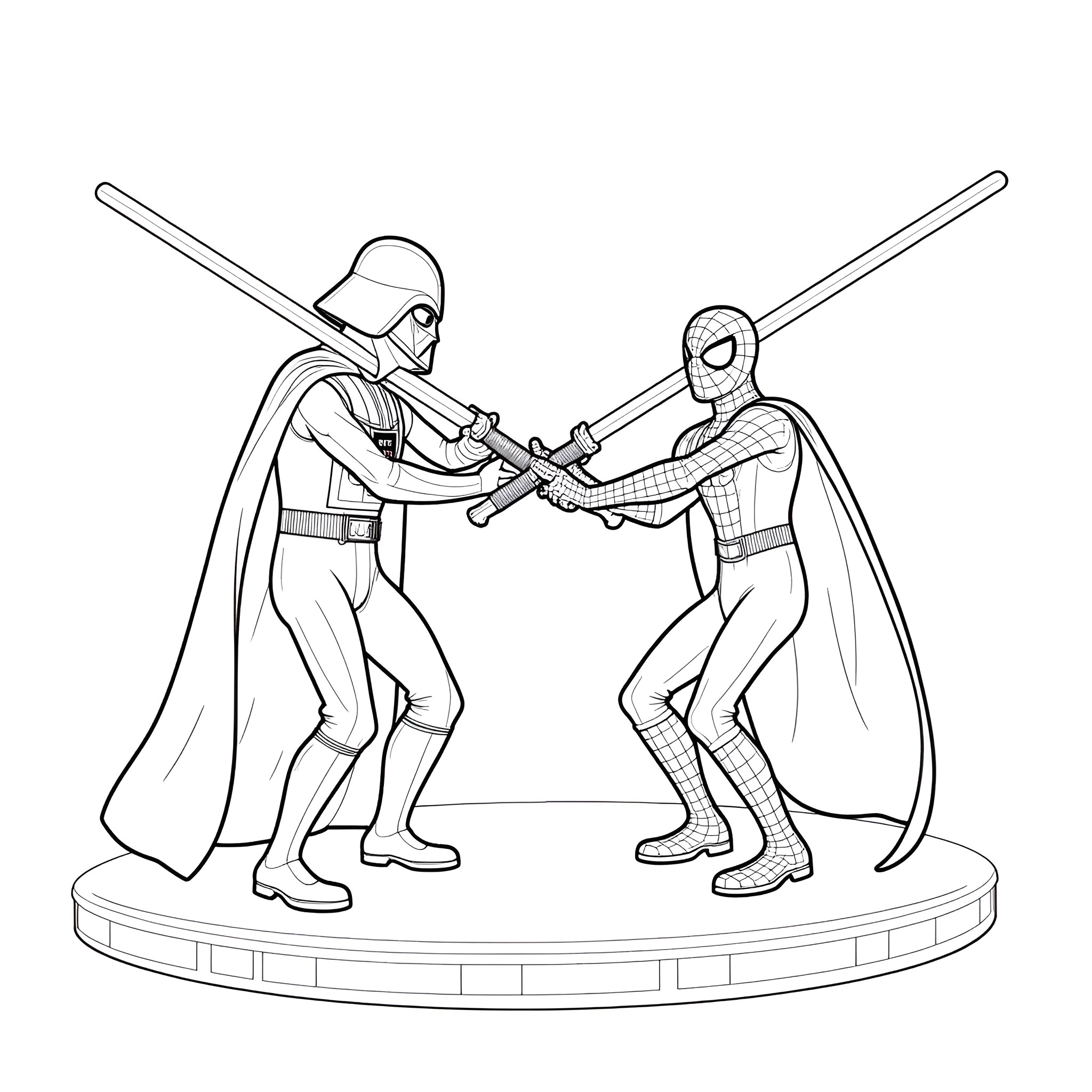Darth Vader and Spider-Man dueling with lightsabers Coloring Page (free black-and-white line drawing printable PDF for all, from beginners to advanced learners, including children, teens, adults, and seniors)
