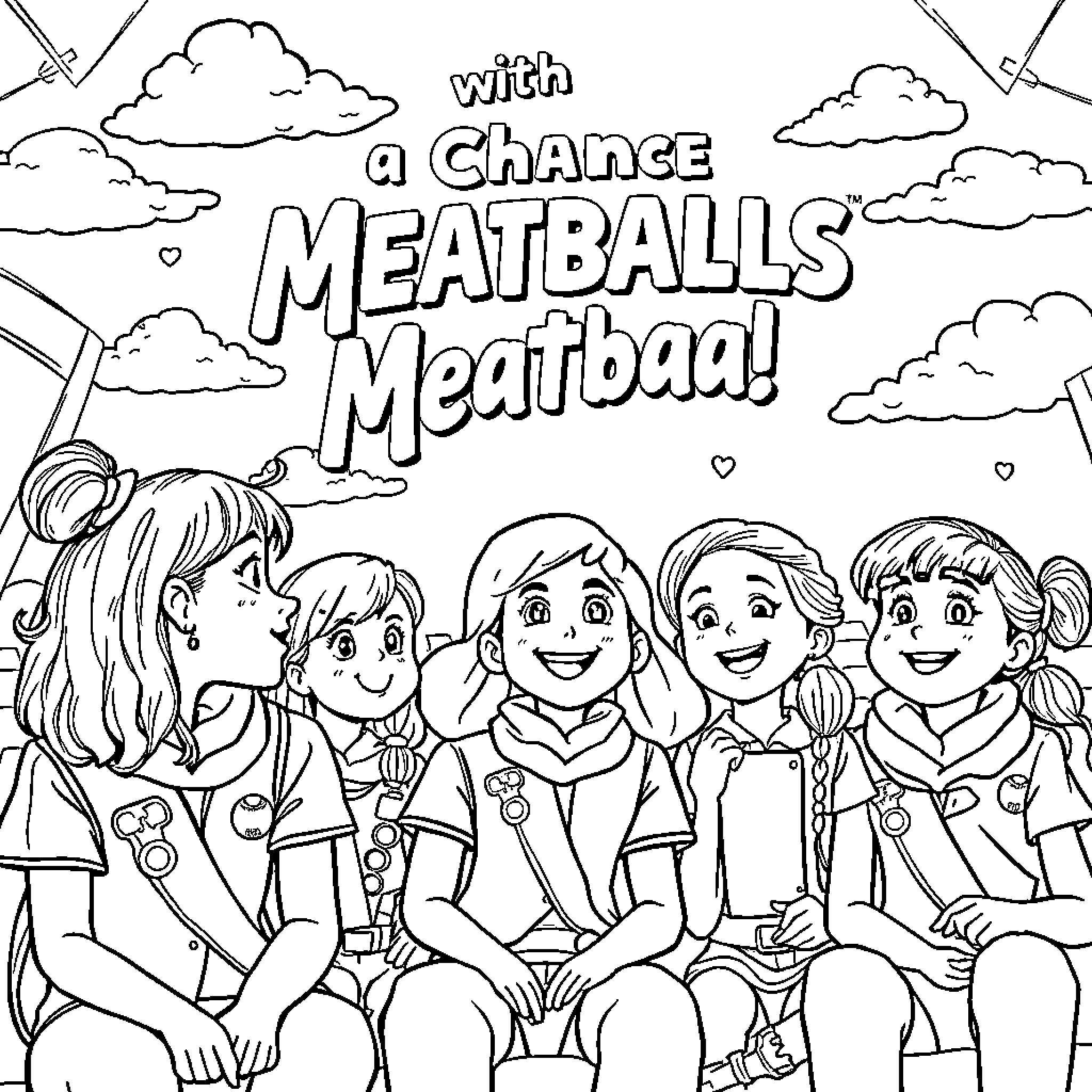 Girl Scout Meatball Meatball Party Adventure Coloring Page (free black-and-white line drawing printable PDF for all, from beginners to advanced learners, including children, teens, adults, and seniors)