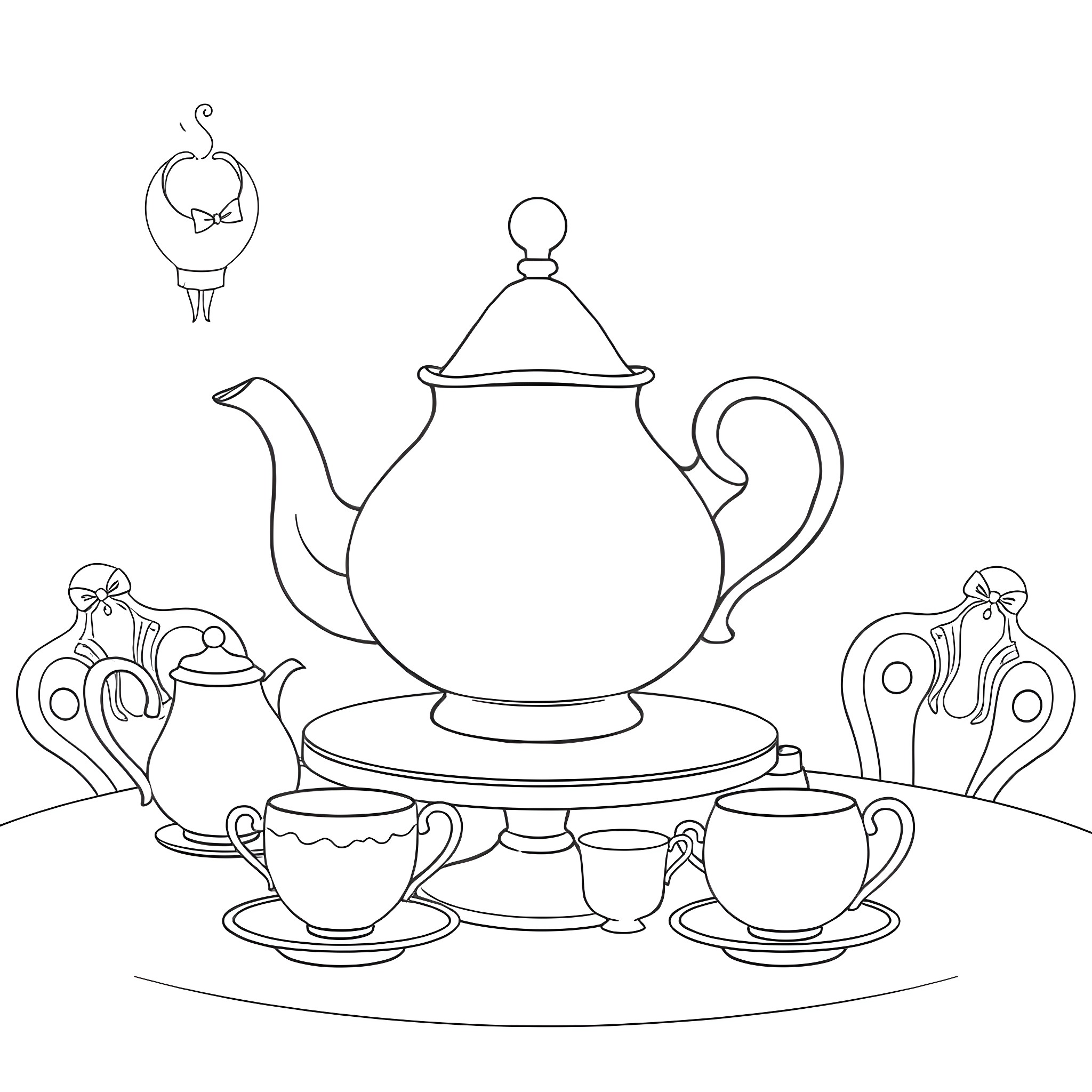 Mrs Potts' Tea Time Celebration Coloring Page (free black-and-white line drawing printable PDF for all, from beginners to advanced learners, including children, teens, adults, and seniors)