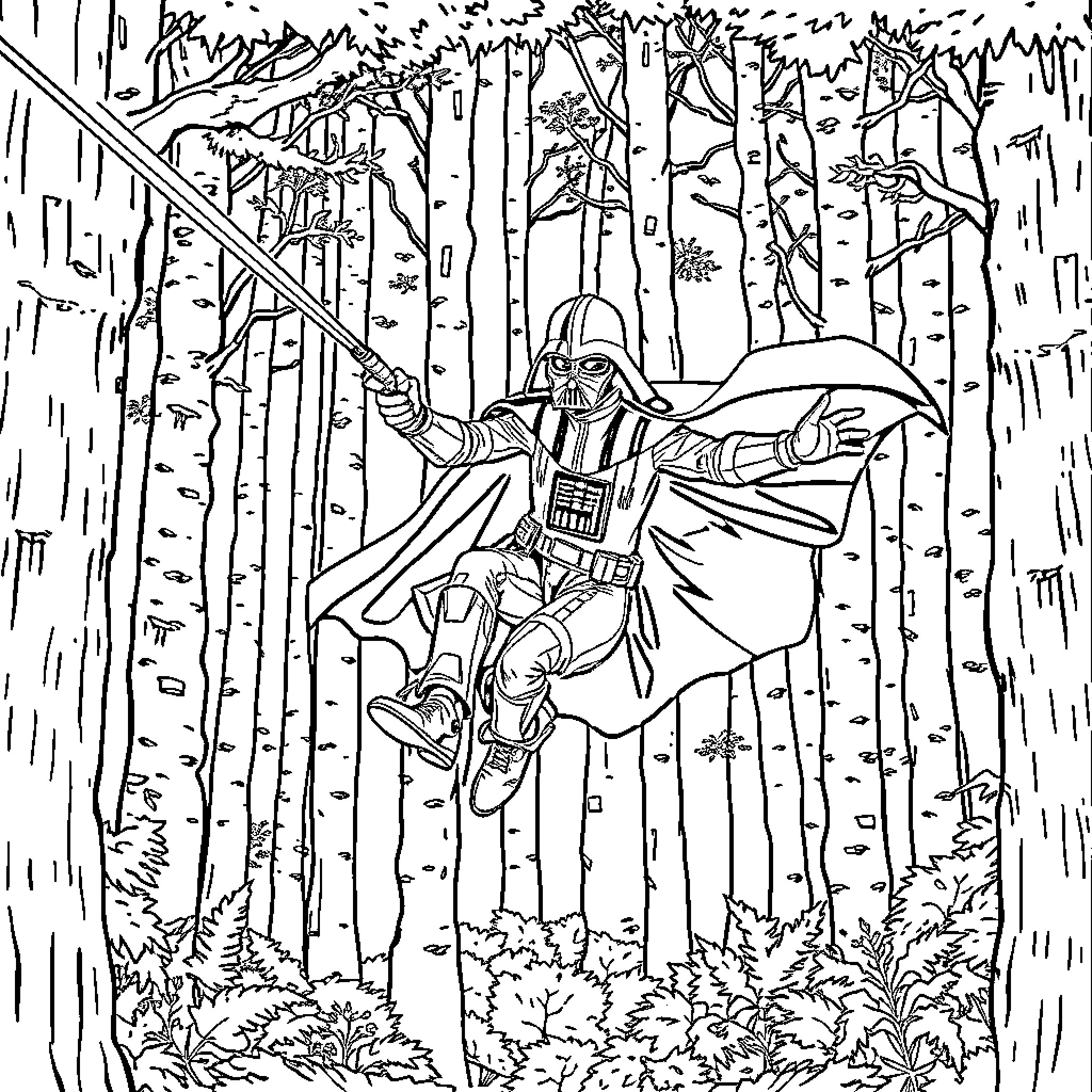 Darth Vader exploring the forest with lightsaber Coloring Page (free black-and-white line drawing printable PDF for all, from beginners to advanced learners, including children, teens, adults, and seniors)