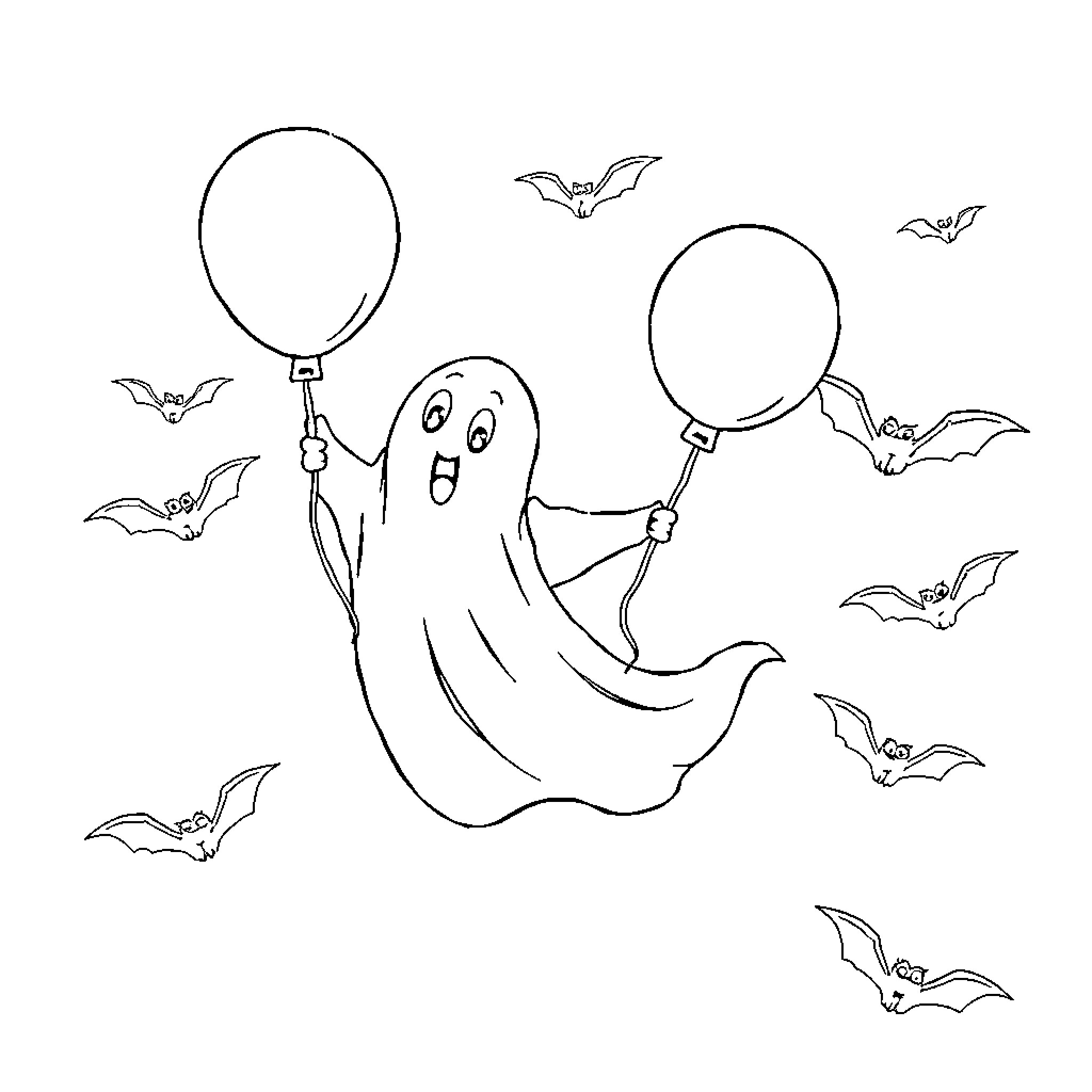 Ghost flying with colorful balloons and bats Coloring Page (free black-and-white line drawing printable PDF for all, from beginners to advanced learners, including children, teens, adults, and seniors)
