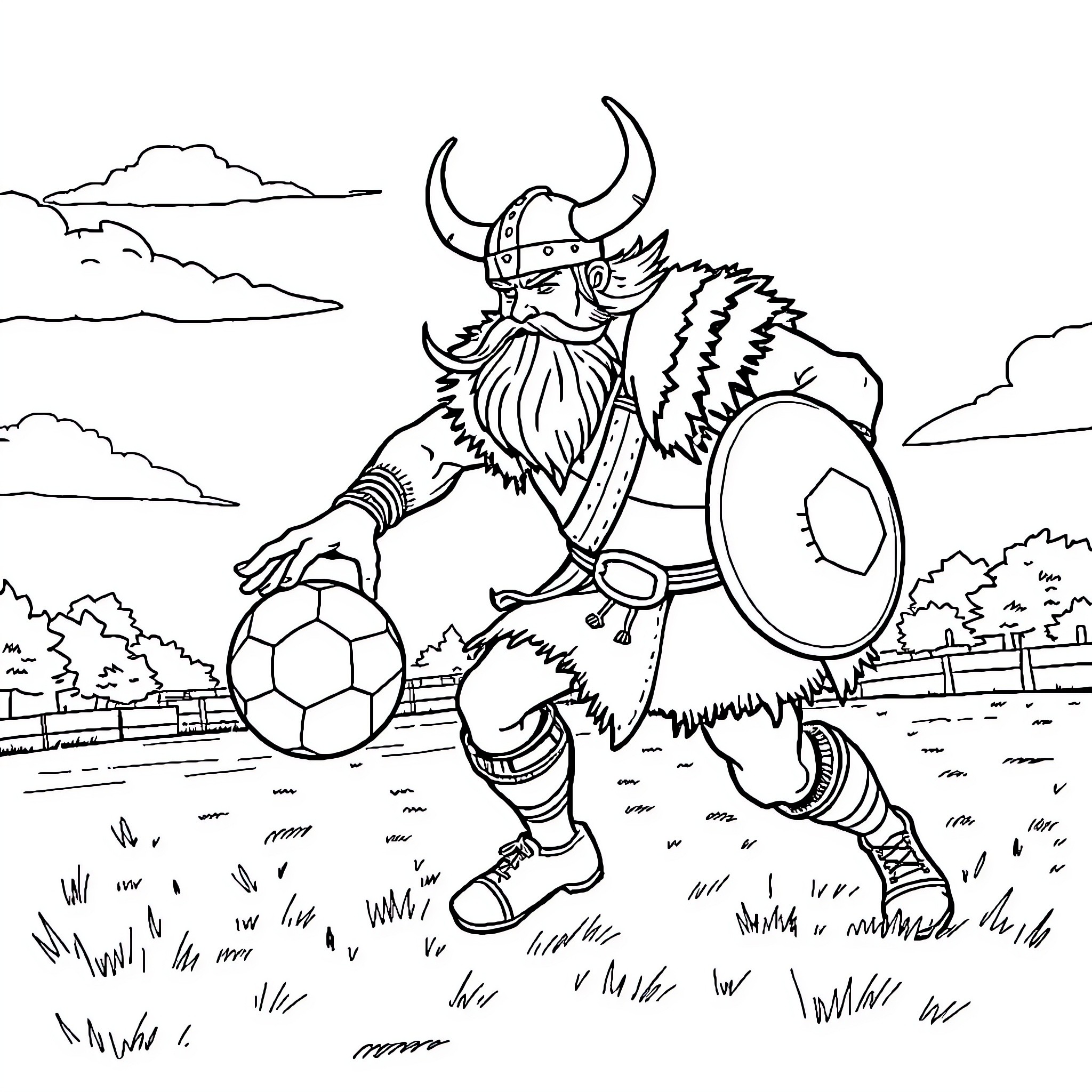 Viking warrior playing soccer in nature Coloring Page (free black-and-white line drawing printable PDF for all, from beginners to advanced learners, including children, teens, adults, and seniors)