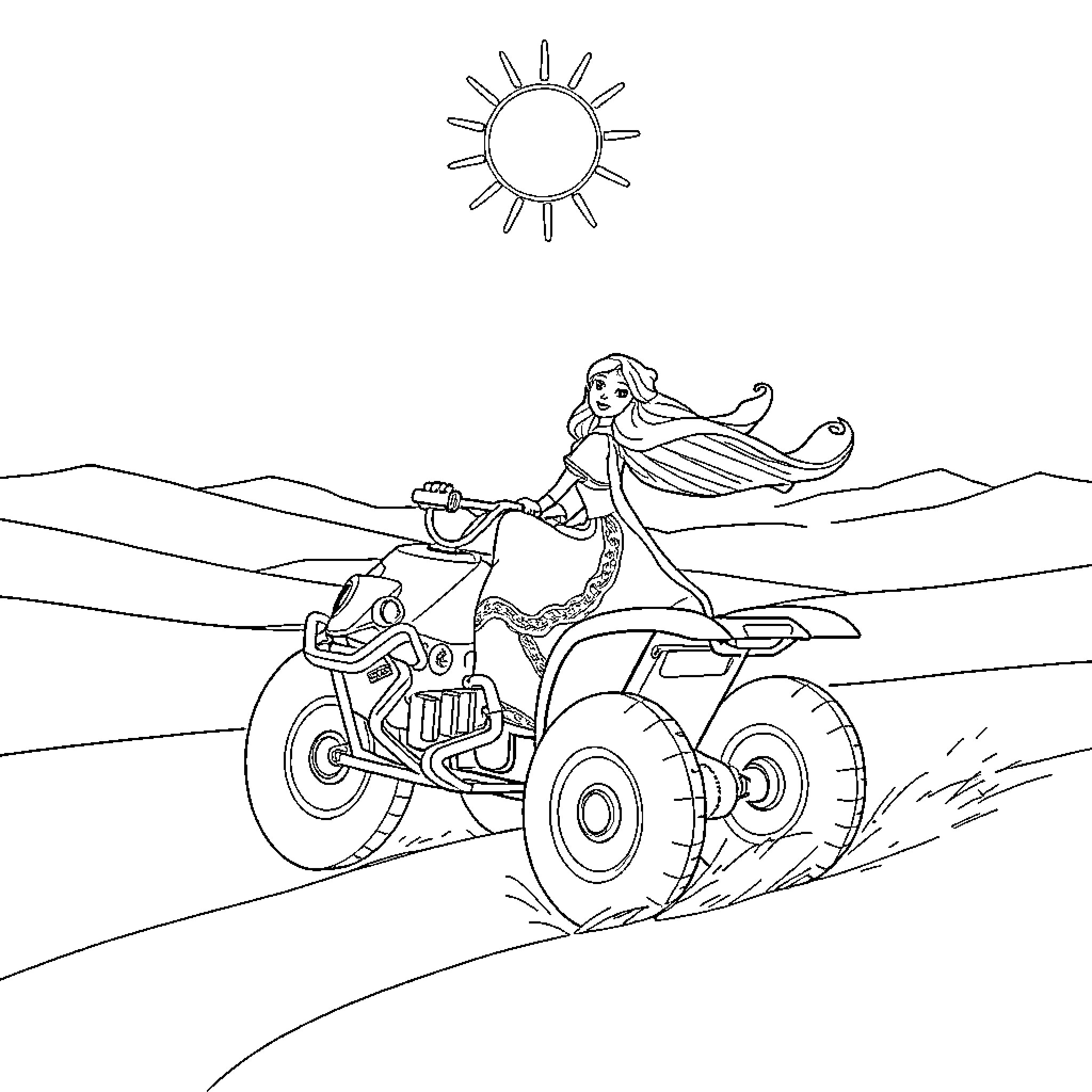 Queen riding ATV through desert landscape Coloring Page (free black-and-white line drawing printable PDF for all, from beginners to advanced learners, including children, teens, adults, and seniors)