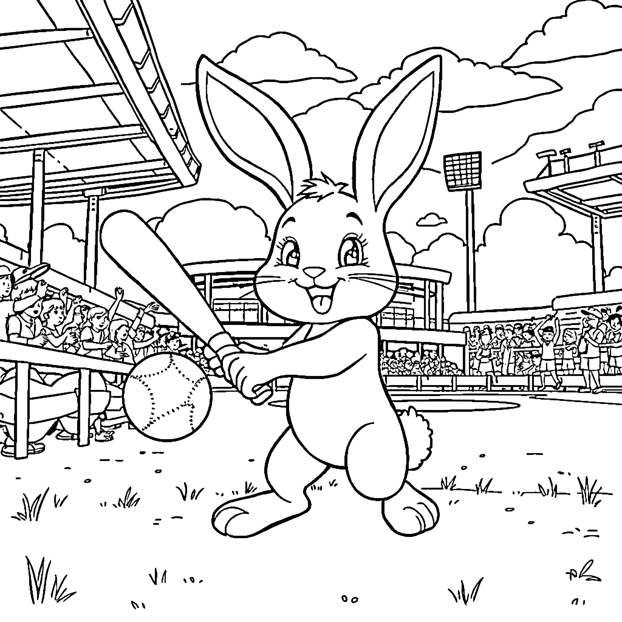 Bunny playing baseball at the stadium Coloring Page (free black-and-white line drawing printable PDF for all, from beginners to advanced learners, including children, teens, adults, and seniors)