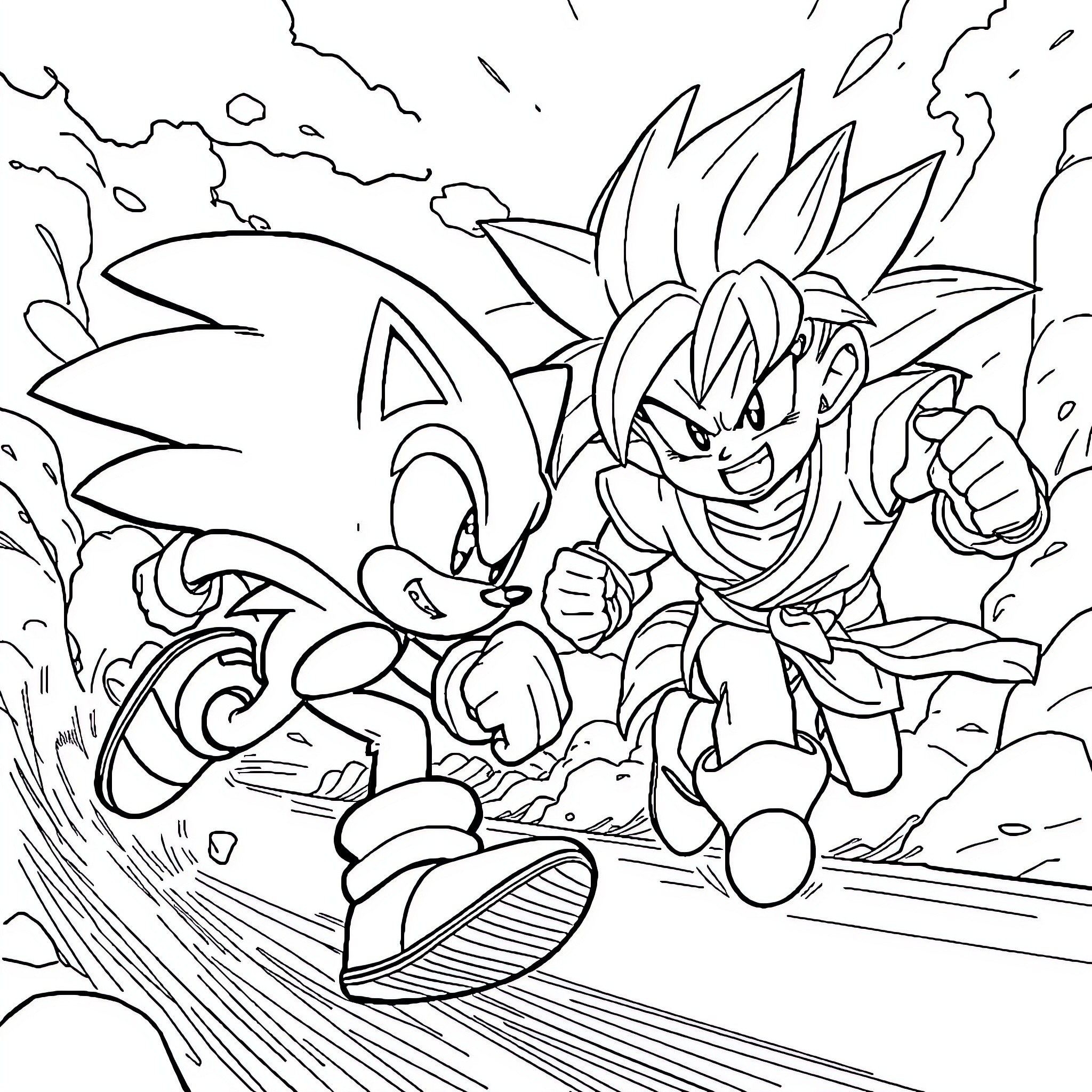 Sonic and Goku Battling with Passion Coloring Page (free black-and-white line drawing printable PDF for all, from beginners to advanced learners, including children, teens, adults, and seniors)