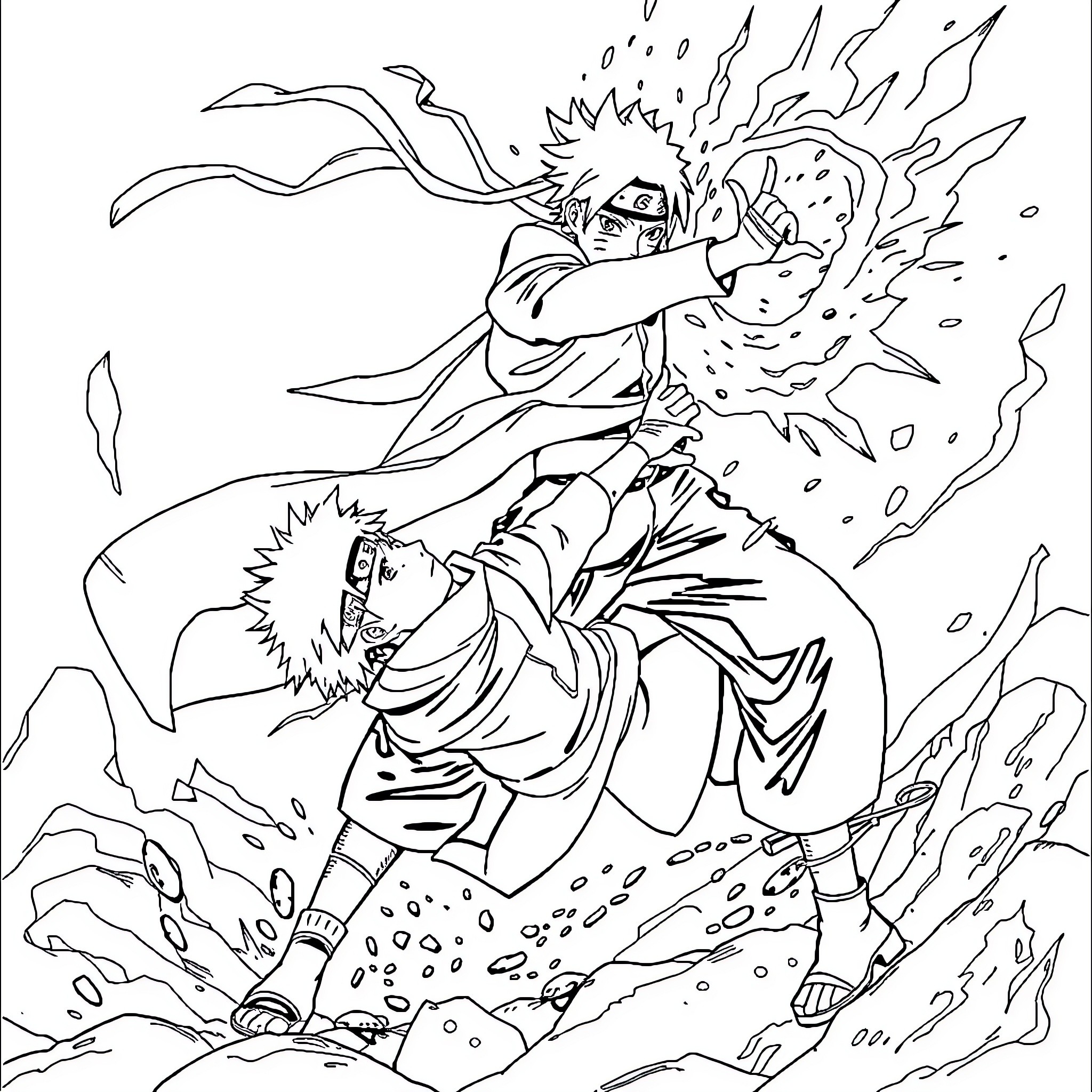 Itachi's Fierce Ninja Battle in the Wilderness Coloring Page (free black-and-white line drawing printable PDF for all, from beginners to advanced learners, including children, teens, adults, and seniors)