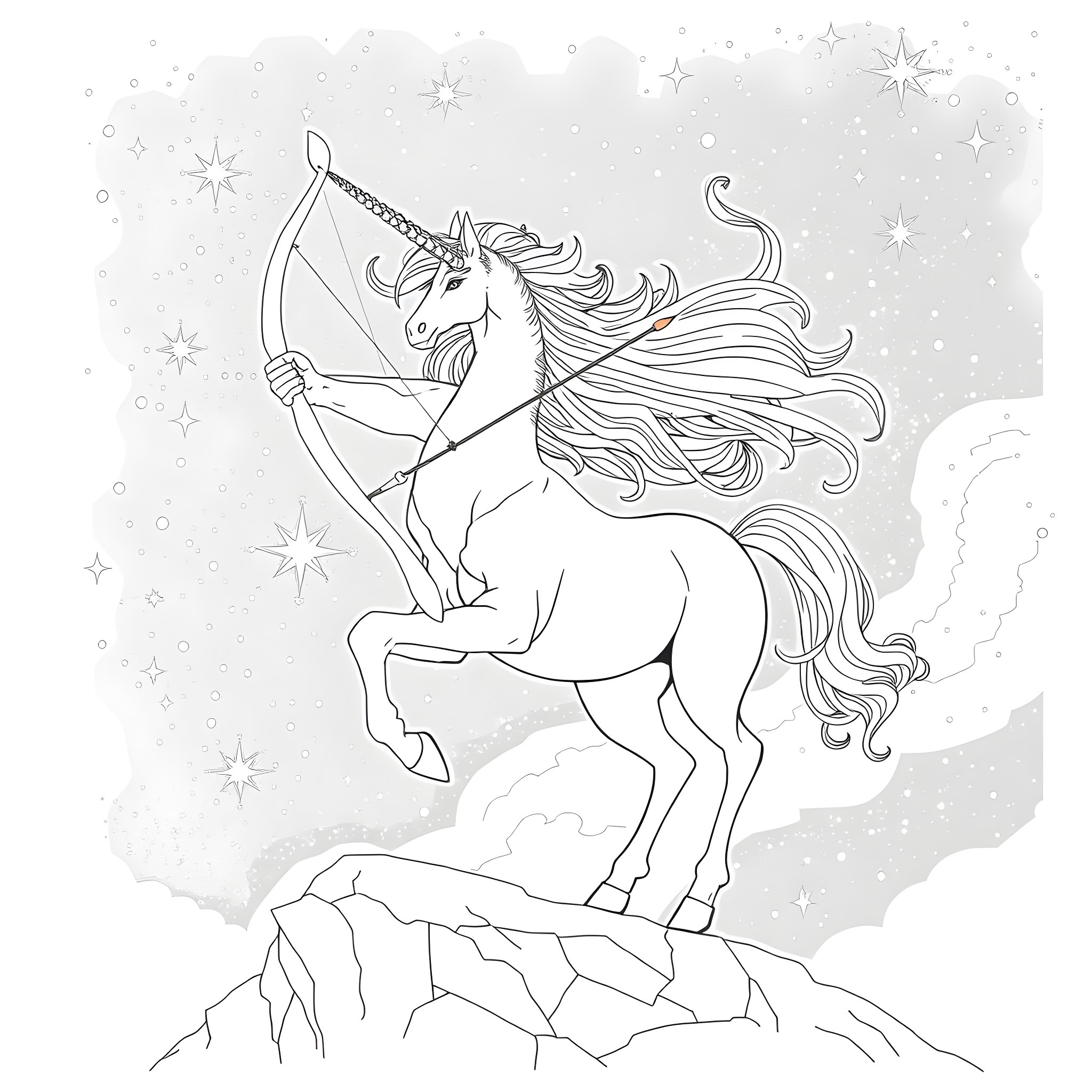 Sagittarius Archer Unicorn Aiming Arrow Under Starry Night Coloring Page (free black-and-white line drawing printable PDF for all, from beginners to advanced learners, including children, teens, adults, and seniors)