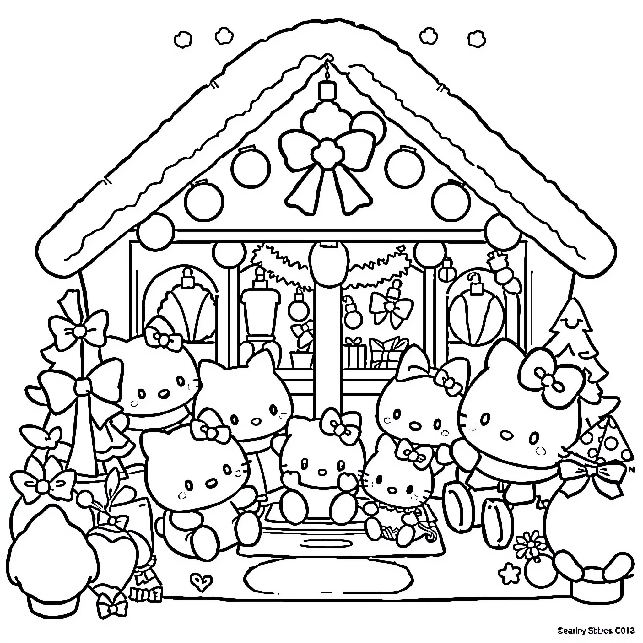 Sanrio Characters Celebrating in Decorated Winter Wonderland Coloring Page (free black-and-white line drawing printable PDF for all, from beginners to advanced learners, including children, teens, adults, and seniors)