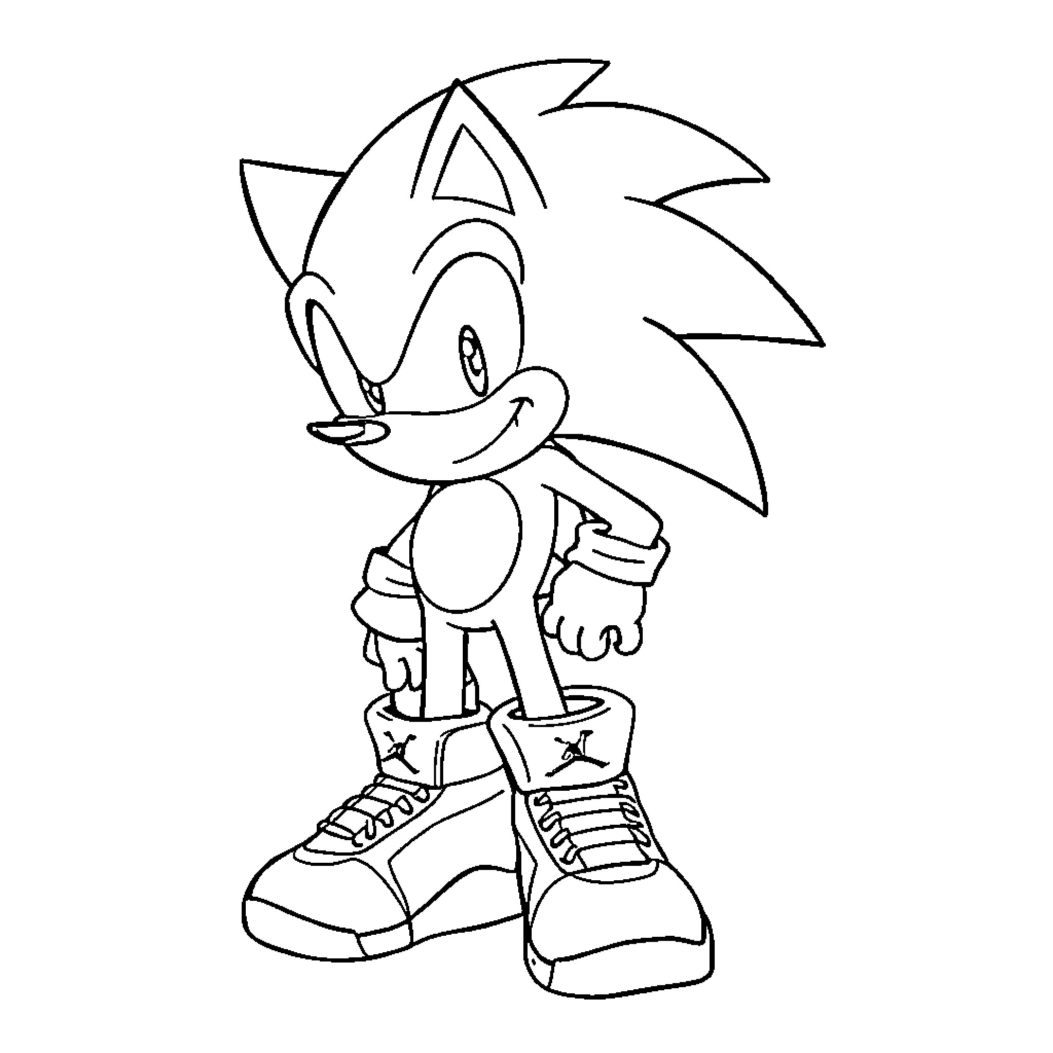 Sonic in Action Posing with Sneakers Coloring Page (free black-and-white line drawing printable PDF for all, from beginners to advanced learners, including children, teens, adults, and seniors)