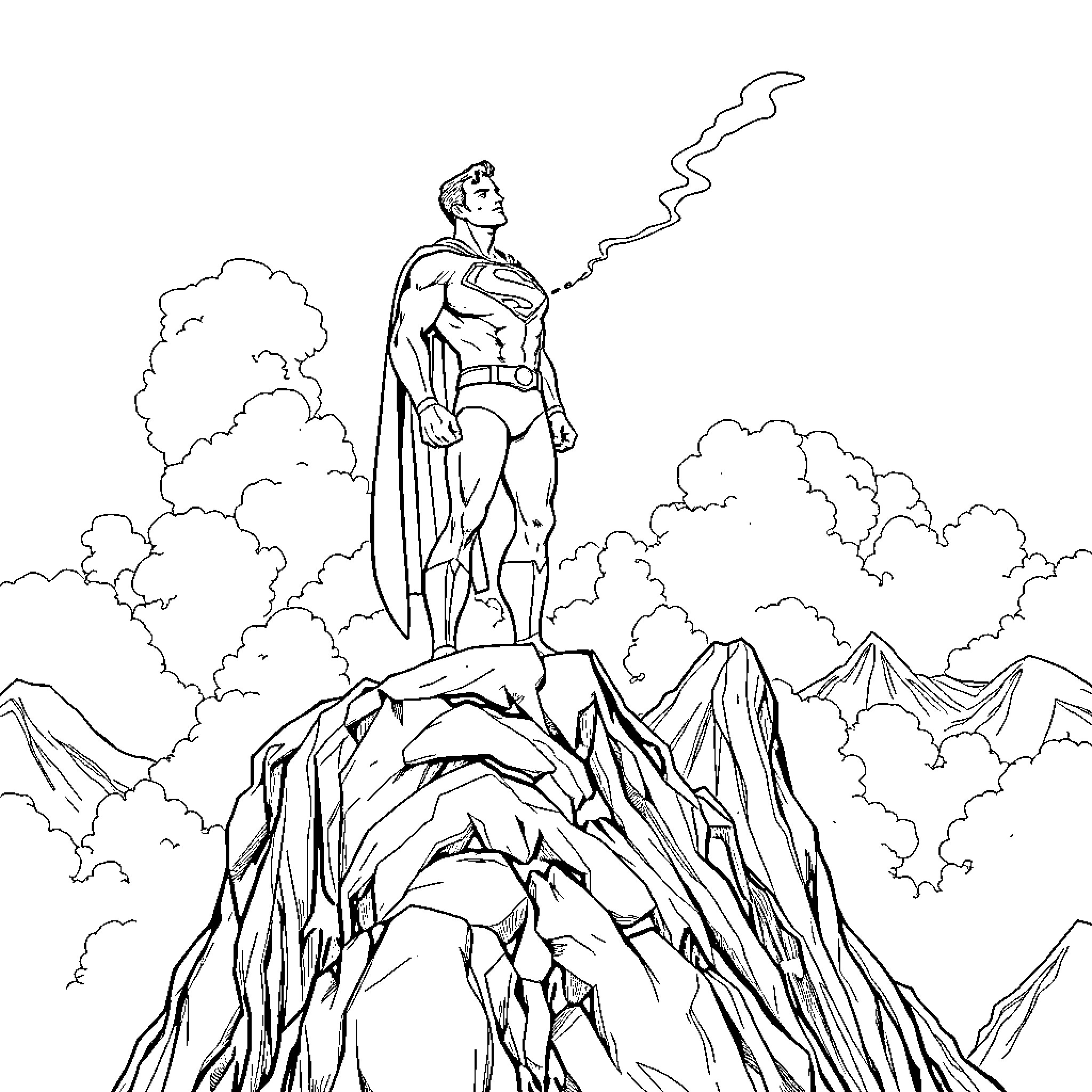 Superman standing tall on a mountain peak Coloring Page (free black-and-white line drawing printable PDF for all, from beginners to advanced learners, including children, teens, adults, and seniors)