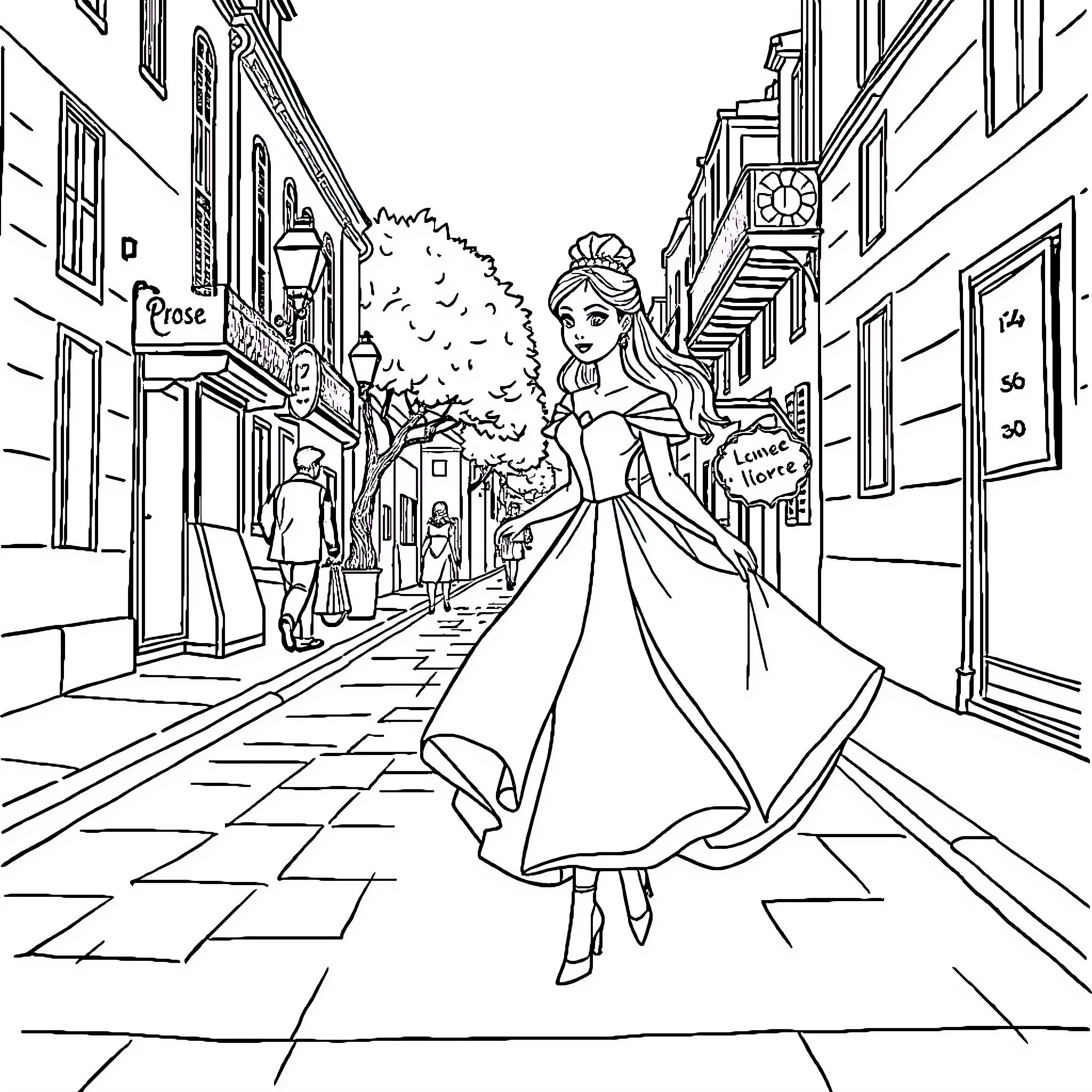 Princess exploring the city streets Coloring Page (free black-and-white line drawing printable PDF for all, from beginners to advanced learners, including children, teens, adults, and seniors)
