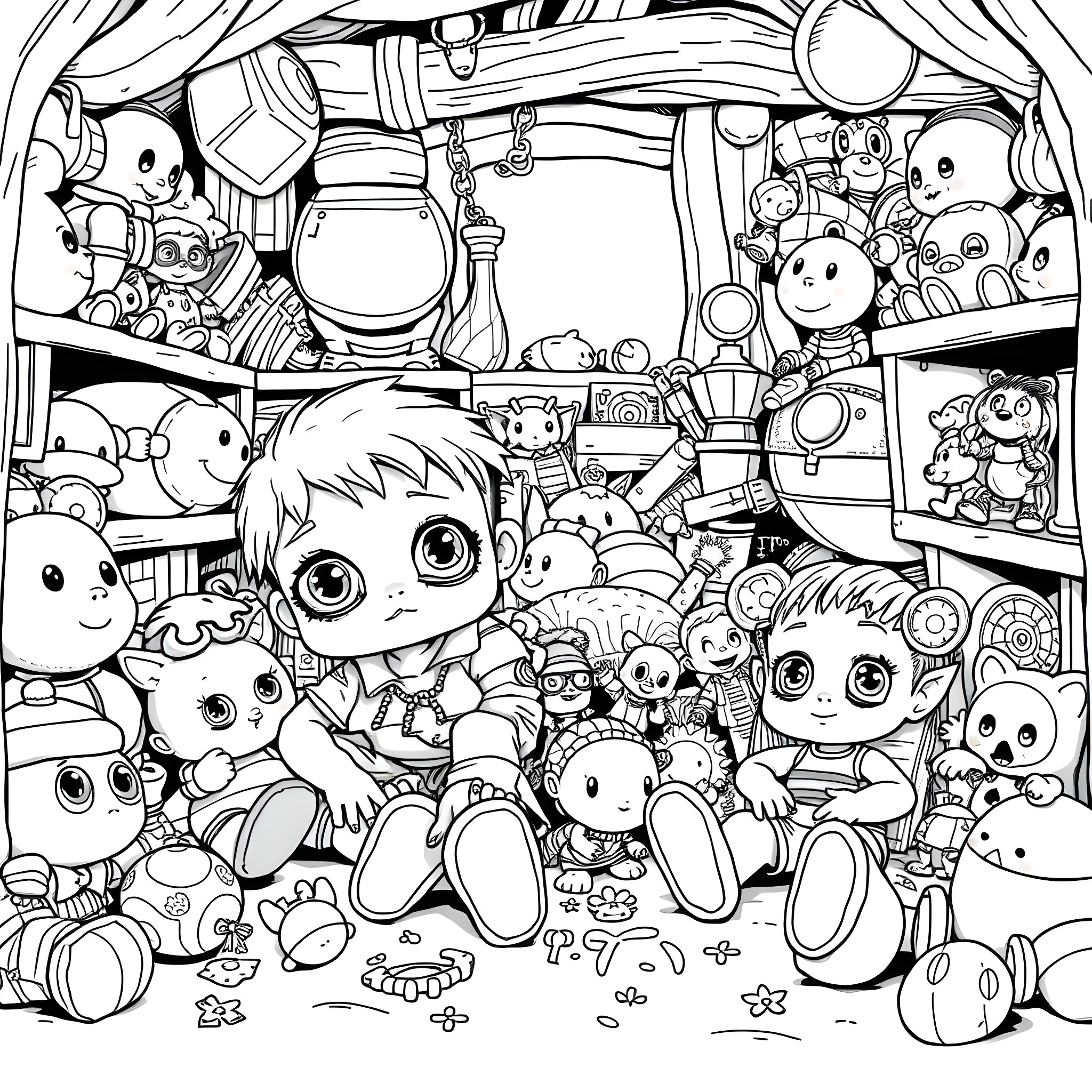 Boy Doll Surrounded by Cute Toys in a Cluttered Room Coloring Page (free black-and-white line drawing printable PDF for all, from beginners to advanced learners, including children, teens, adults, and seniors)