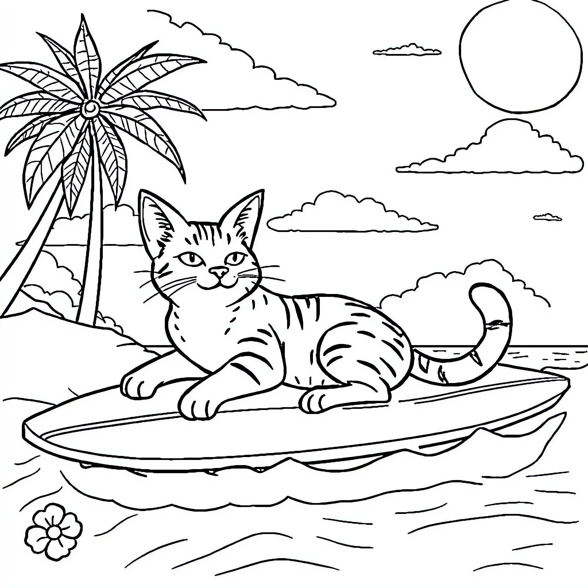 Cat surfing on a sunny beach Coloring Page (free black-and-white line drawing printable PDF for all, from beginners to advanced learners, including children, teens, adults, and seniors)