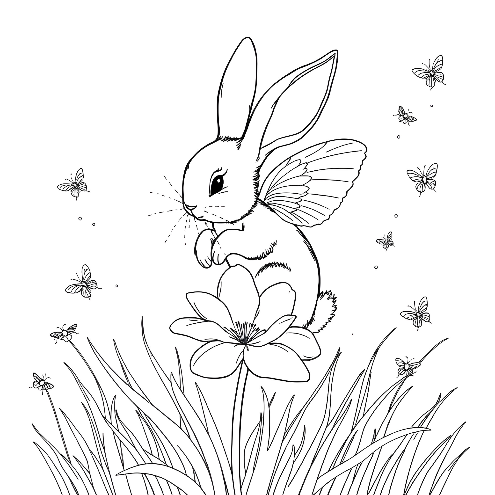 Bunny with wings in a floral field Coloring Page (free black-and-white line drawing printable PDF for all, from beginners to advanced learners, including children, teens, adults, and seniors)
