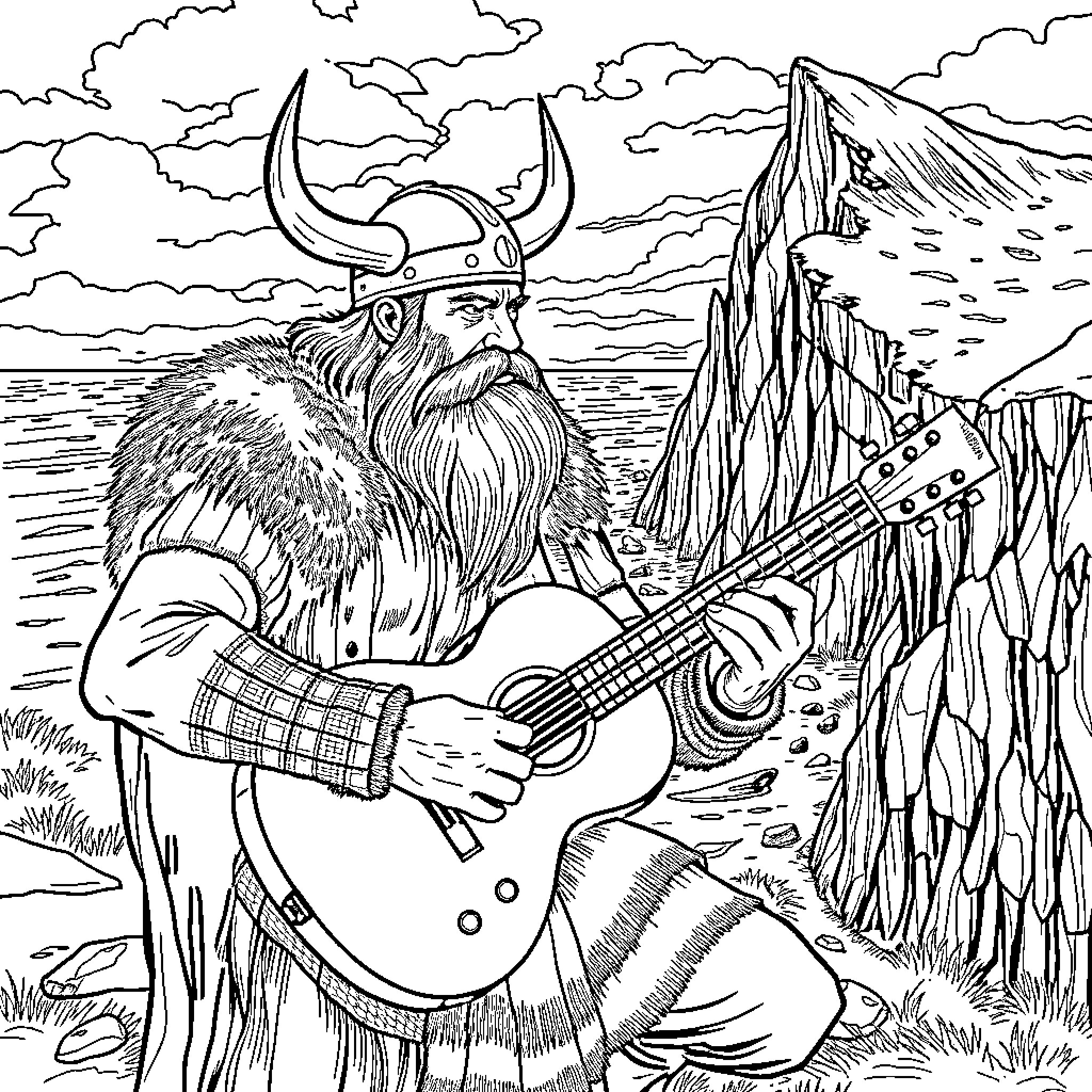Viking Warrior Plays Guitar in Scenic Landscape Coloring Page (free black-and-white line drawing printable PDF for all, from beginners to advanced learners, including children, teens, adults, and seniors)