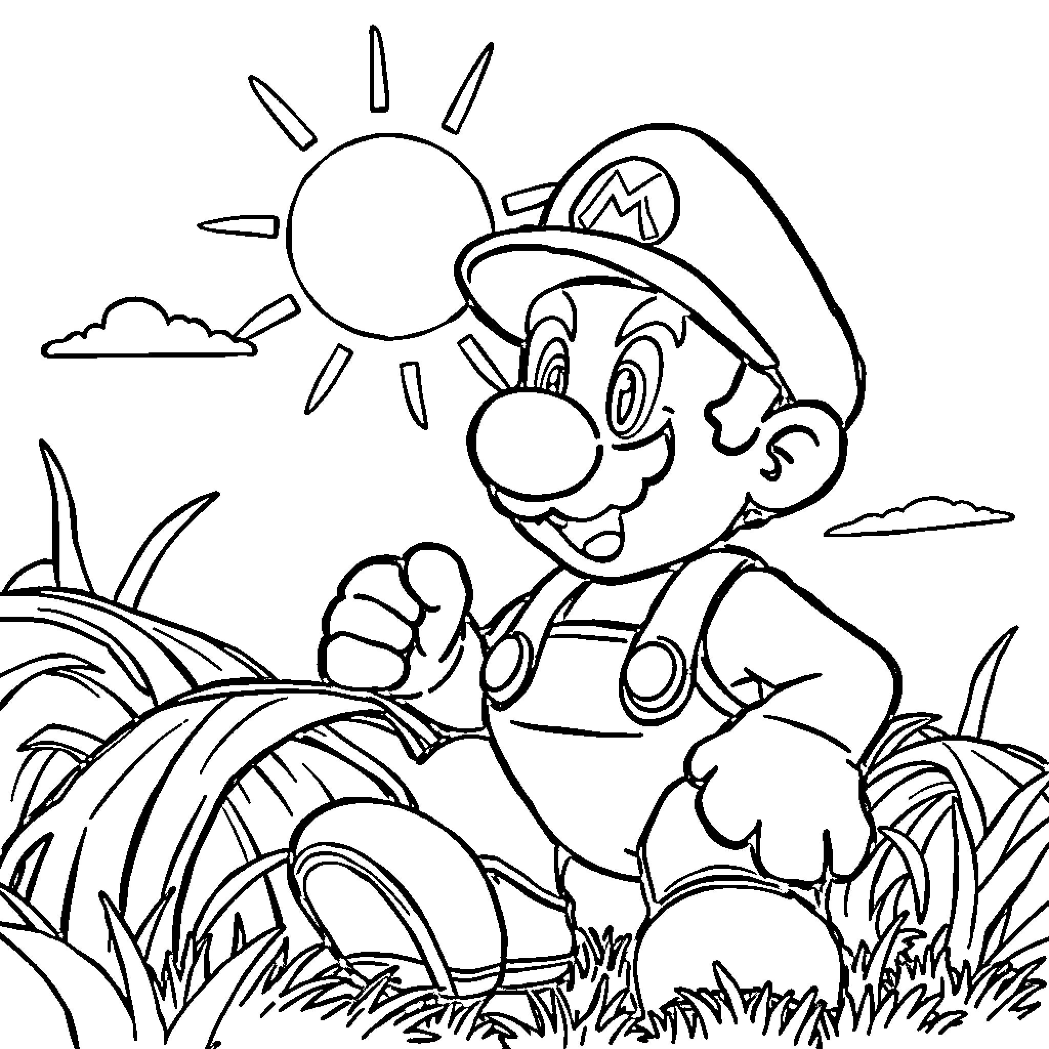 Super Mario Frolicking in Grassy Meadow Coloring Page (free black-and-white line drawing printable PDF for all, from beginners to advanced learners, including children, teens, adults, and seniors)