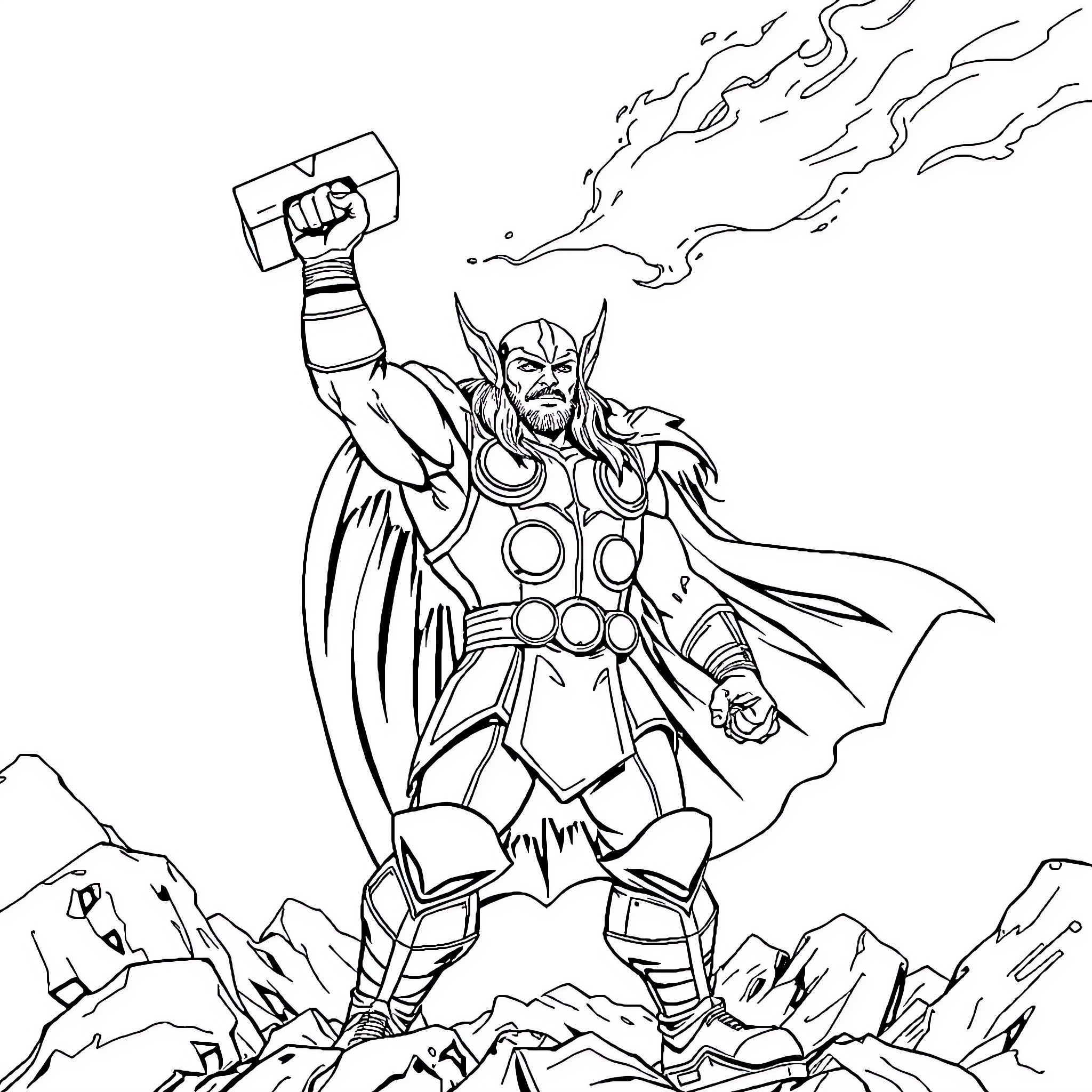 Thor Wielding Hammer and Fighting Enemies Coloring Page (free black-and-white line drawing printable PDF for all, from beginners to advanced learners, including children, teens, adults, and seniors)