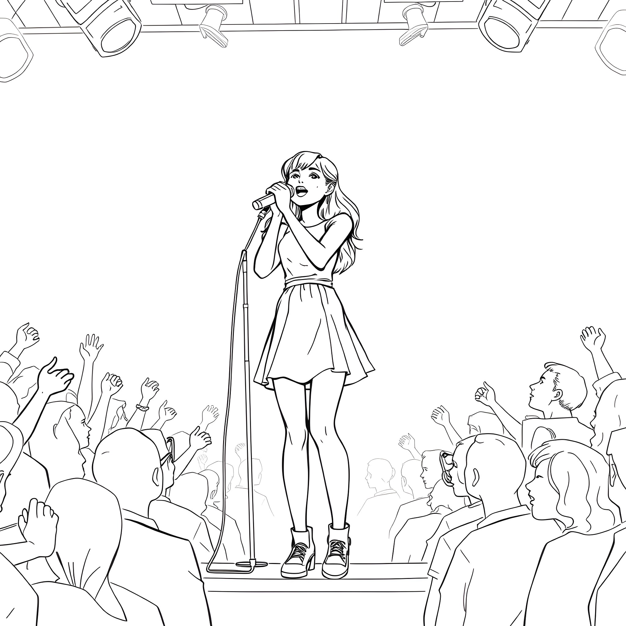 Teen Girl Performing on Stage in Front of Audience Coloring Page (free black-and-white line drawing printable PDF for all, from beginners to advanced learners, including children, teens, adults, and seniors)