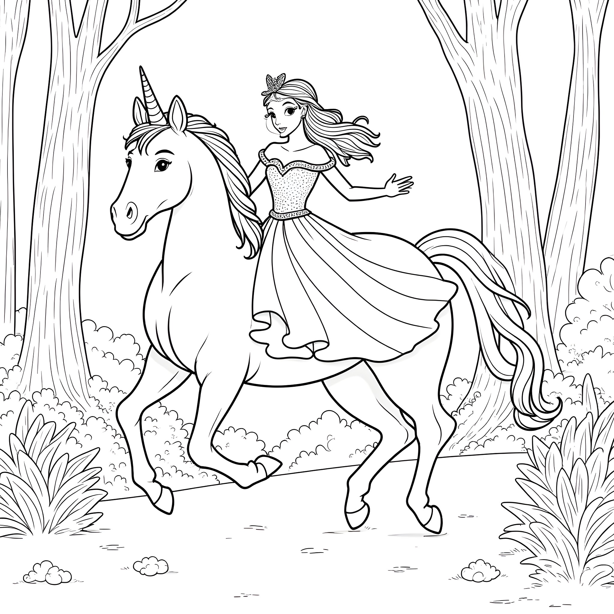 Princess riding a unicorn through the enchanted forest Coloring Page (free black-and-white line drawing printable PDF for all, from beginners to advanced learners, including children, teens, adults, and seniors)