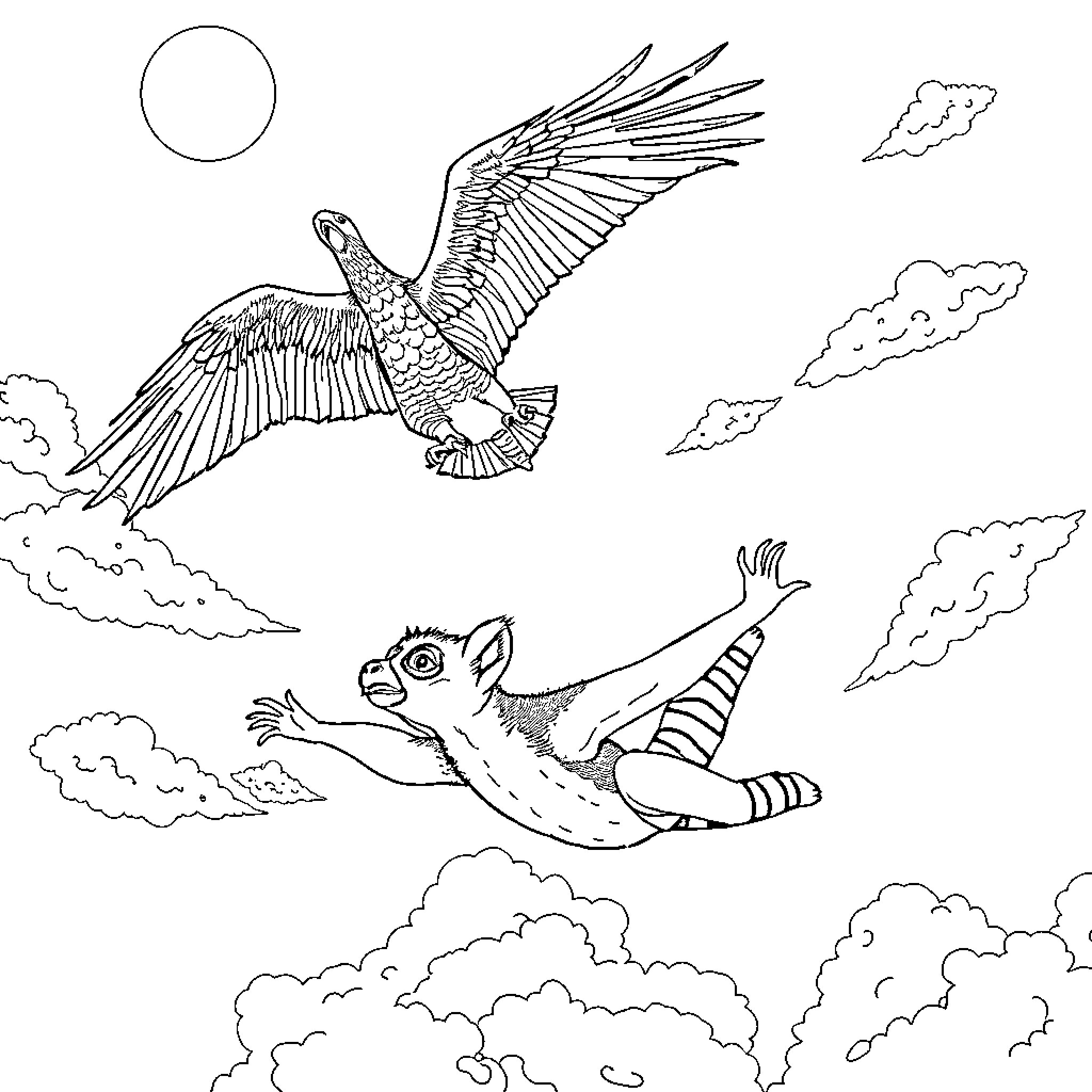 Lemur soaring through clouds with majestic eagle Coloring Page (free black-and-white line drawing printable PDF for all, from beginners to advanced learners, including children, teens, adults, and seniors)