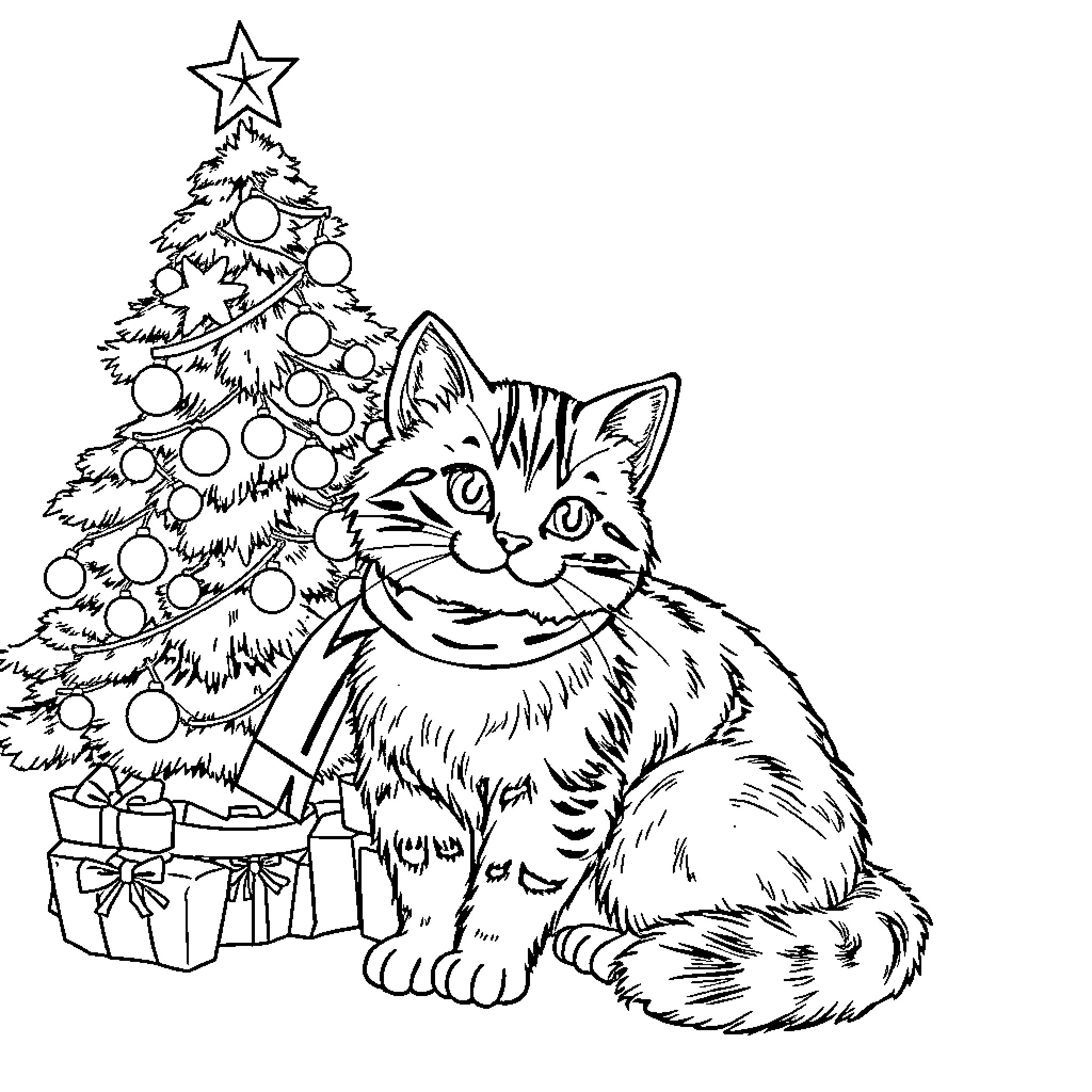Gato gazing at Christmas tree with gifts Coloring Page (free black-and-white line drawing printable PDF for all, from beginners to advanced learners, including children, teens, adults, and seniors)