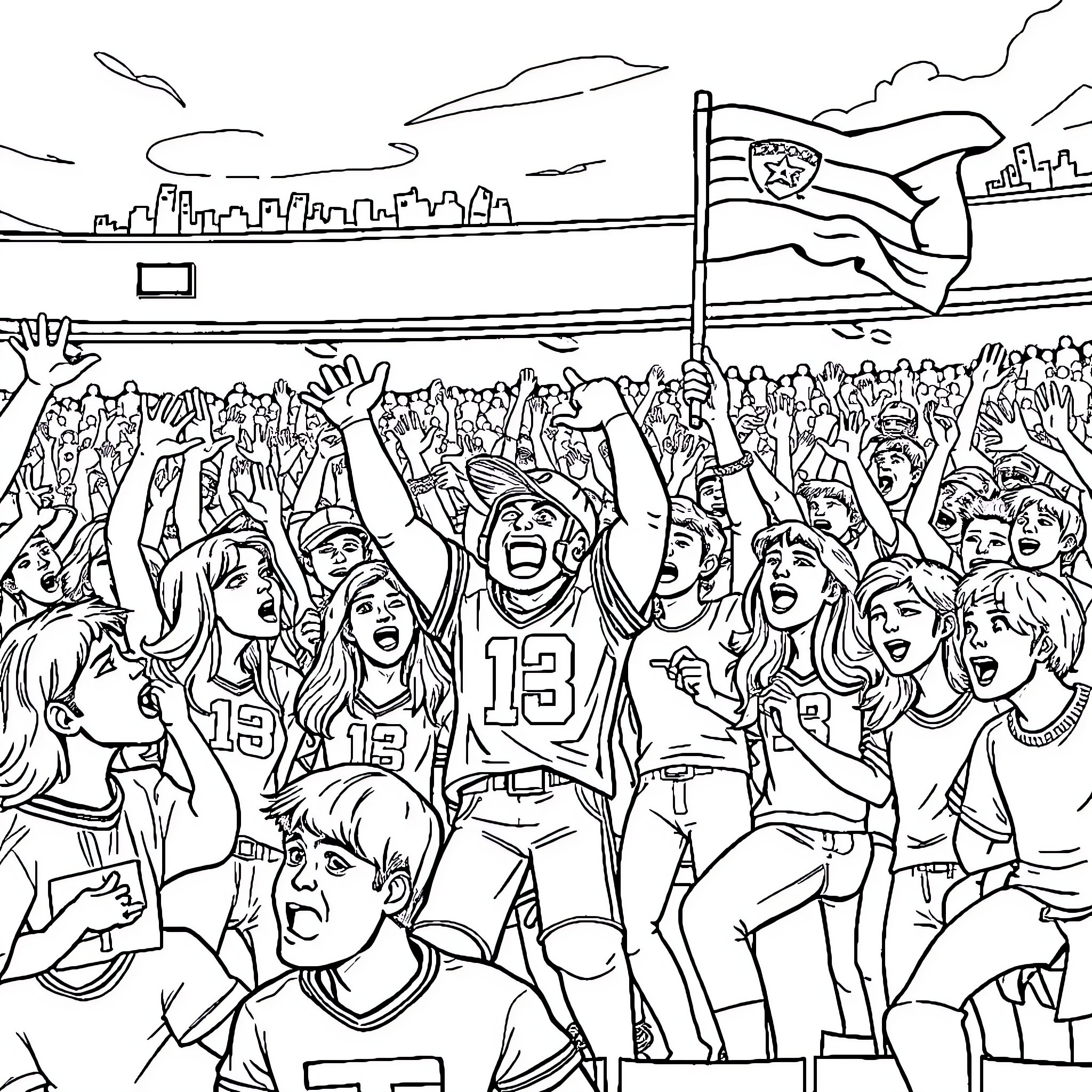 Patriotic Fans Celebrate at the Big Game Coloring Page (free black-and-white line drawing printable PDF for all, from beginners to advanced learners, including children, teens, adults, and seniors)