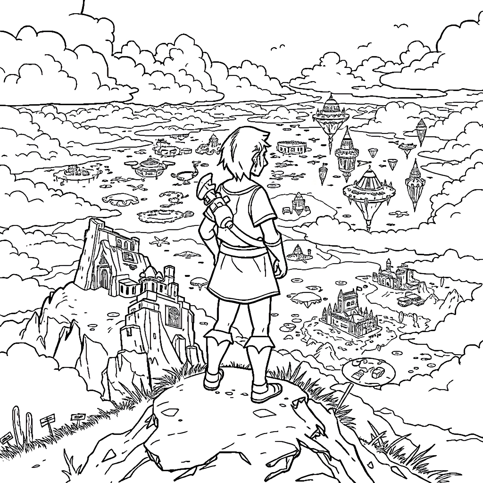 Link exploring a magical fantasy realm Coloring Page (free black-and-white line drawing printable PDF for all, from beginners to advanced learners, including children, teens, adults, and seniors)