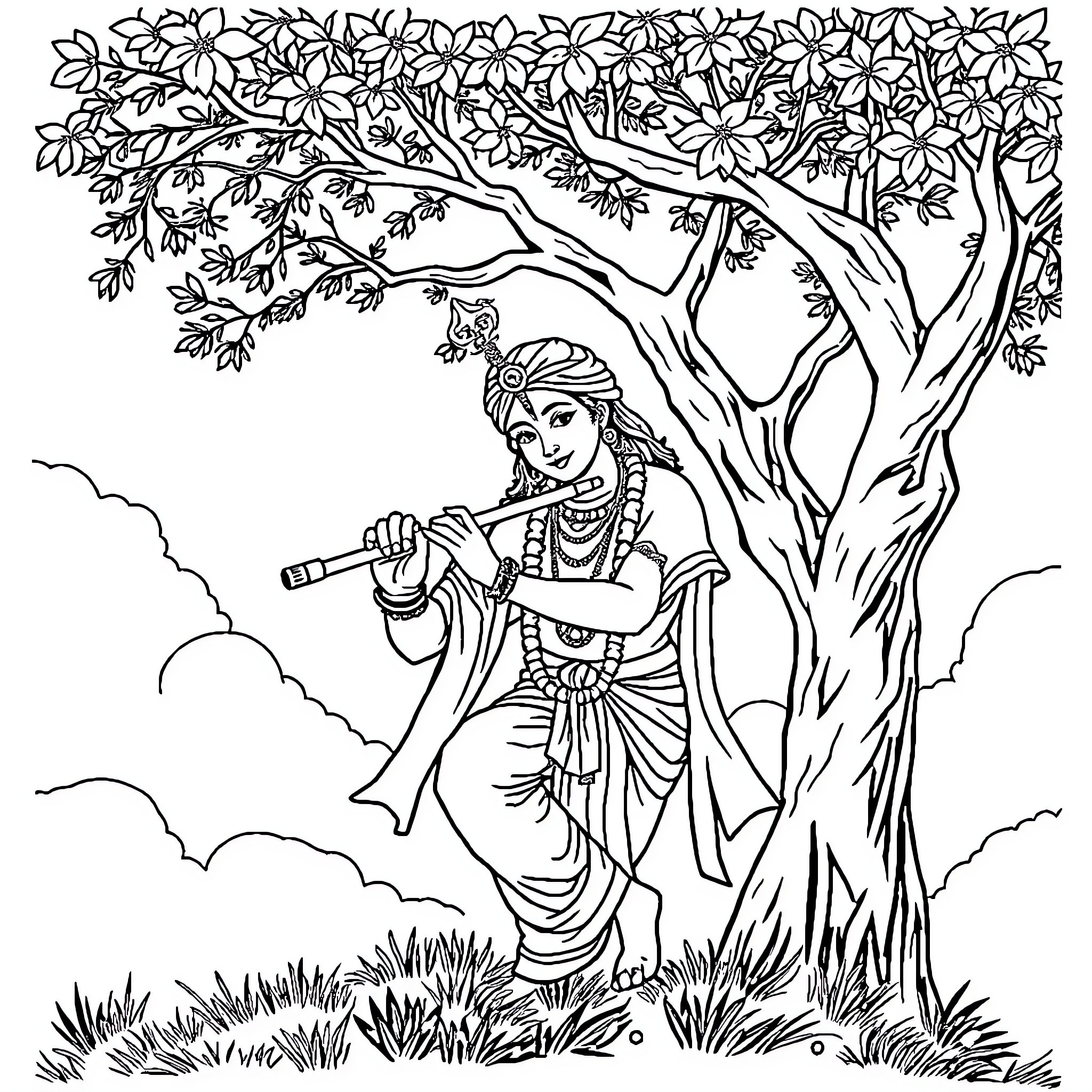 Krishna playing the flute under a flowering tree Coloring Page (free black-and-white line drawing printable PDF for all, from beginners to advanced learners, including children, teens, adults, and seniors)
