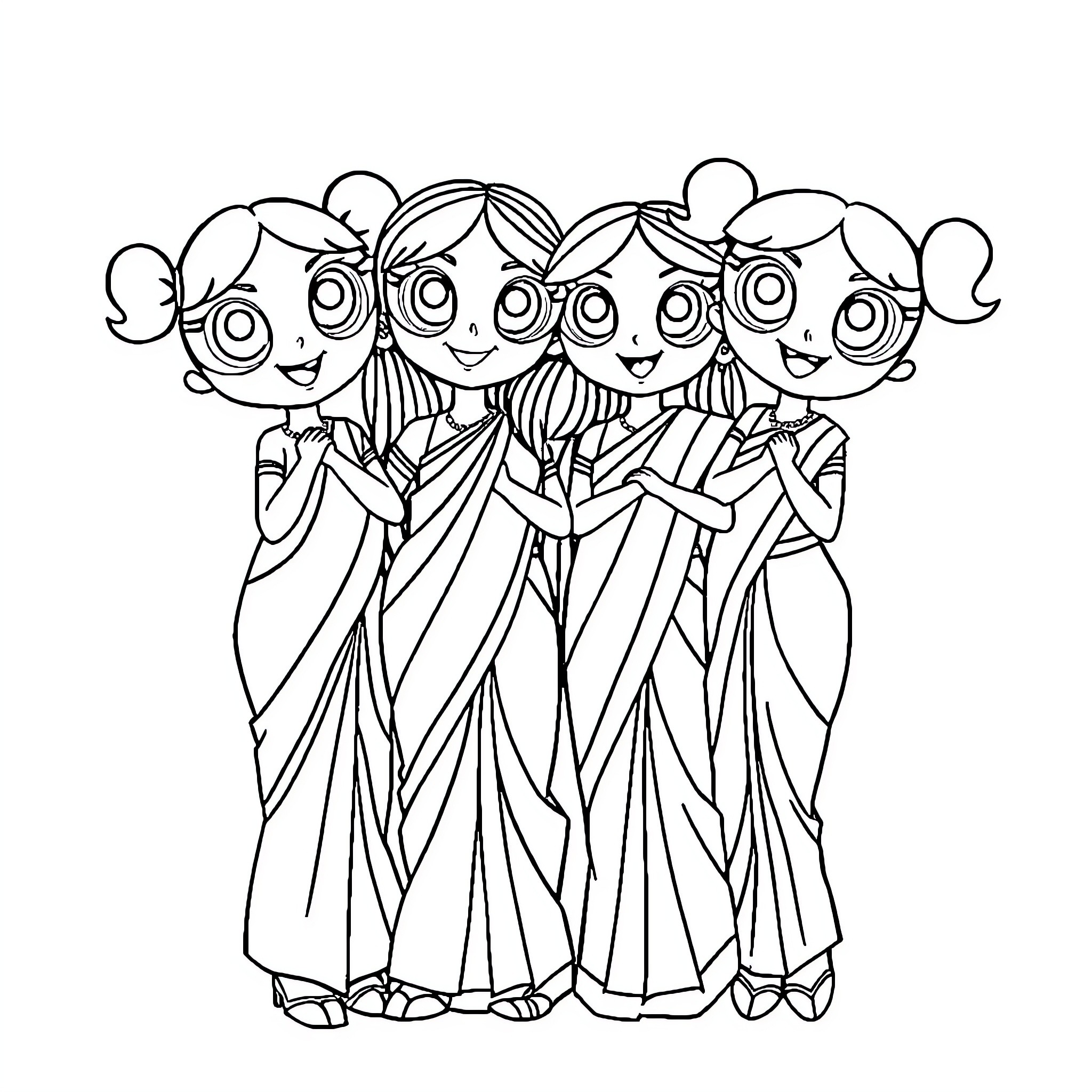 Powerpuff Girls in festive dresses and poses Coloring Page (free black-and-white line drawing printable PDF for all, from beginners to advanced learners, including children, teens, adults, and seniors)