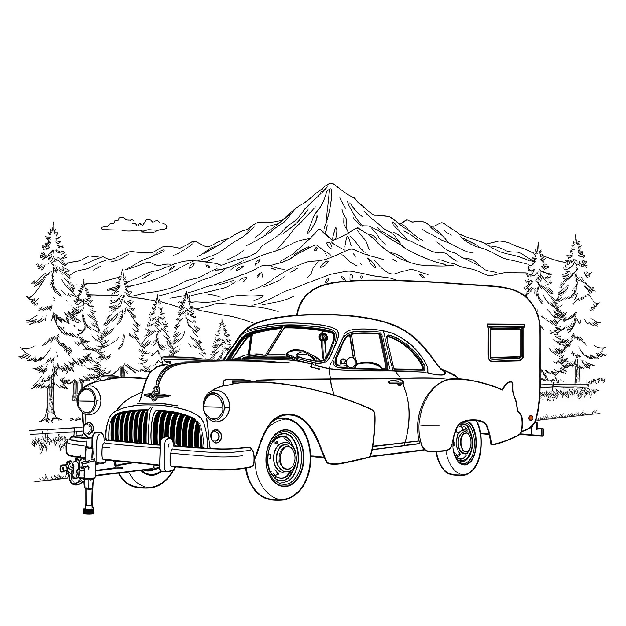 Car parked at scenic mountain landscape Coloring Page (free black-and-white line drawing printable PDF for all, from beginners to advanced learners, including children, teens, adults, and seniors)