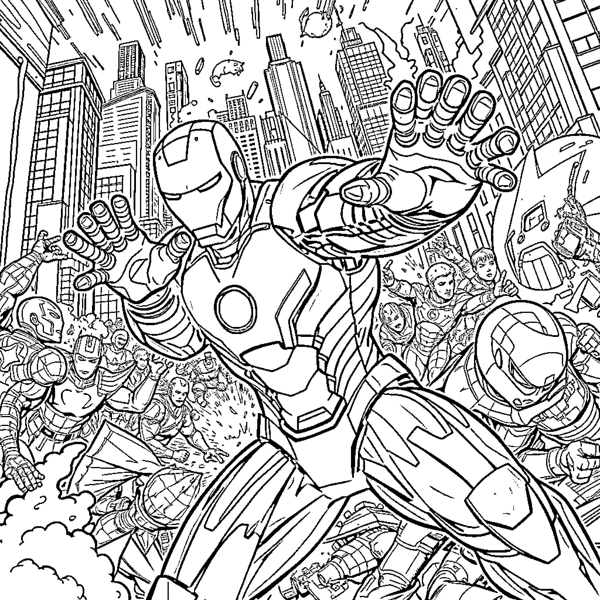 Ironman soaring through the cityscape Coloring Page (free black-and-white line drawing printable PDF for all, from beginners to advanced learners, including children, teens, adults, and seniors)