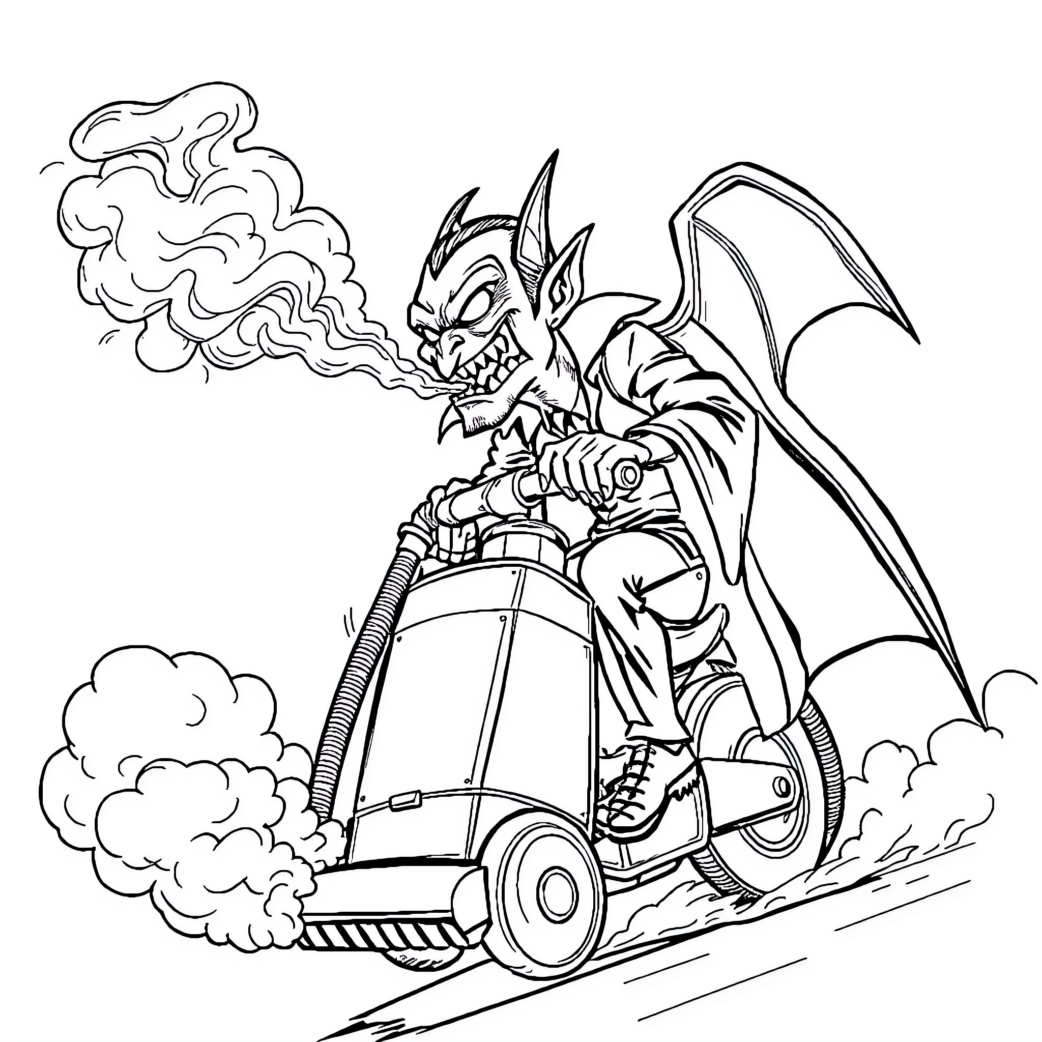 Vampire Demon Operating a Powerful Lawn Mower Coloring Page (free black-and-white line drawing printable PDF for all, from beginners to advanced learners, including children, teens, adults, and seniors)
