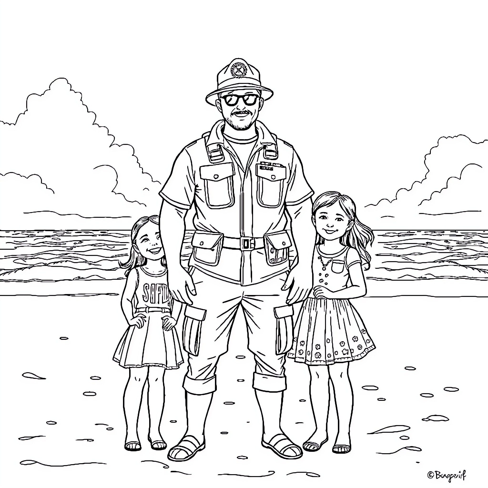 Dad and Daughters Enjoying Summer at the Beach Coloring Page (free black-and-white line drawing printable PDF for all, from beginners to advanced learners, including children, teens, adults, and seniors)