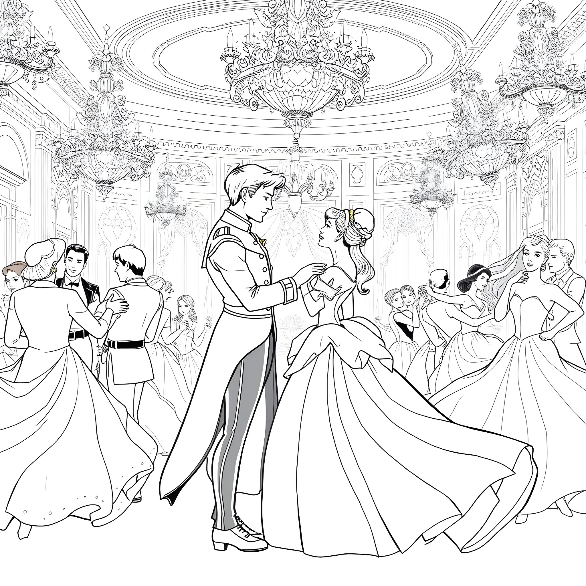 Cinderella dancing at the royal ball with the prince Coloring Page (free black-and-white line drawing printable PDF for all, from beginners to advanced learners, including children, teens, adults, and seniors)