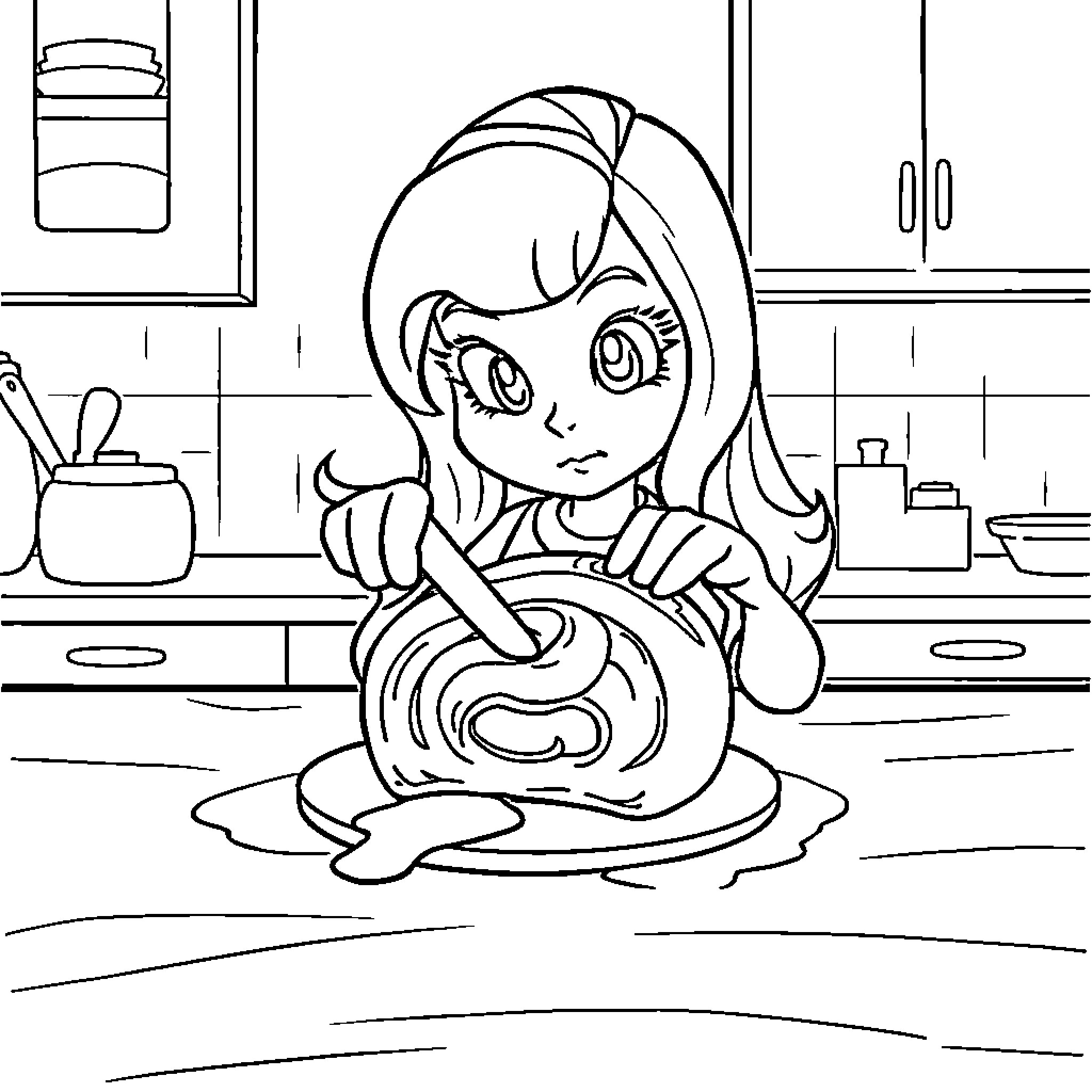 Melody preparing a delicious meal in the kitchen Coloring Page (free black-and-white line drawing printable PDF for all, from beginners to advanced learners, including children, teens, adults, and seniors)
