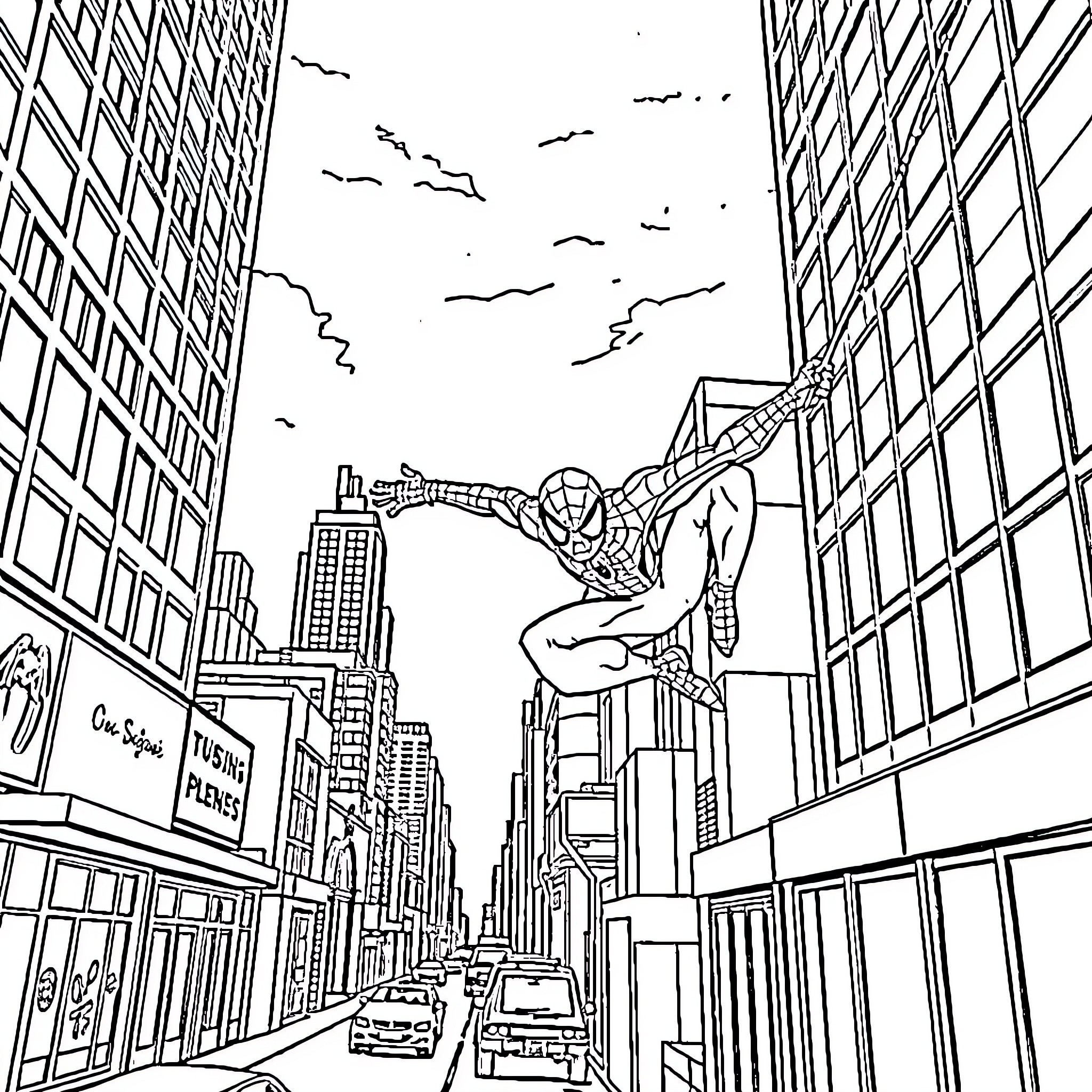 Spiderman swinging through the city skyline Coloring Page (free black-and-white line drawing printable PDF for all, from beginners to advanced learners, including children, teens, adults, and seniors)