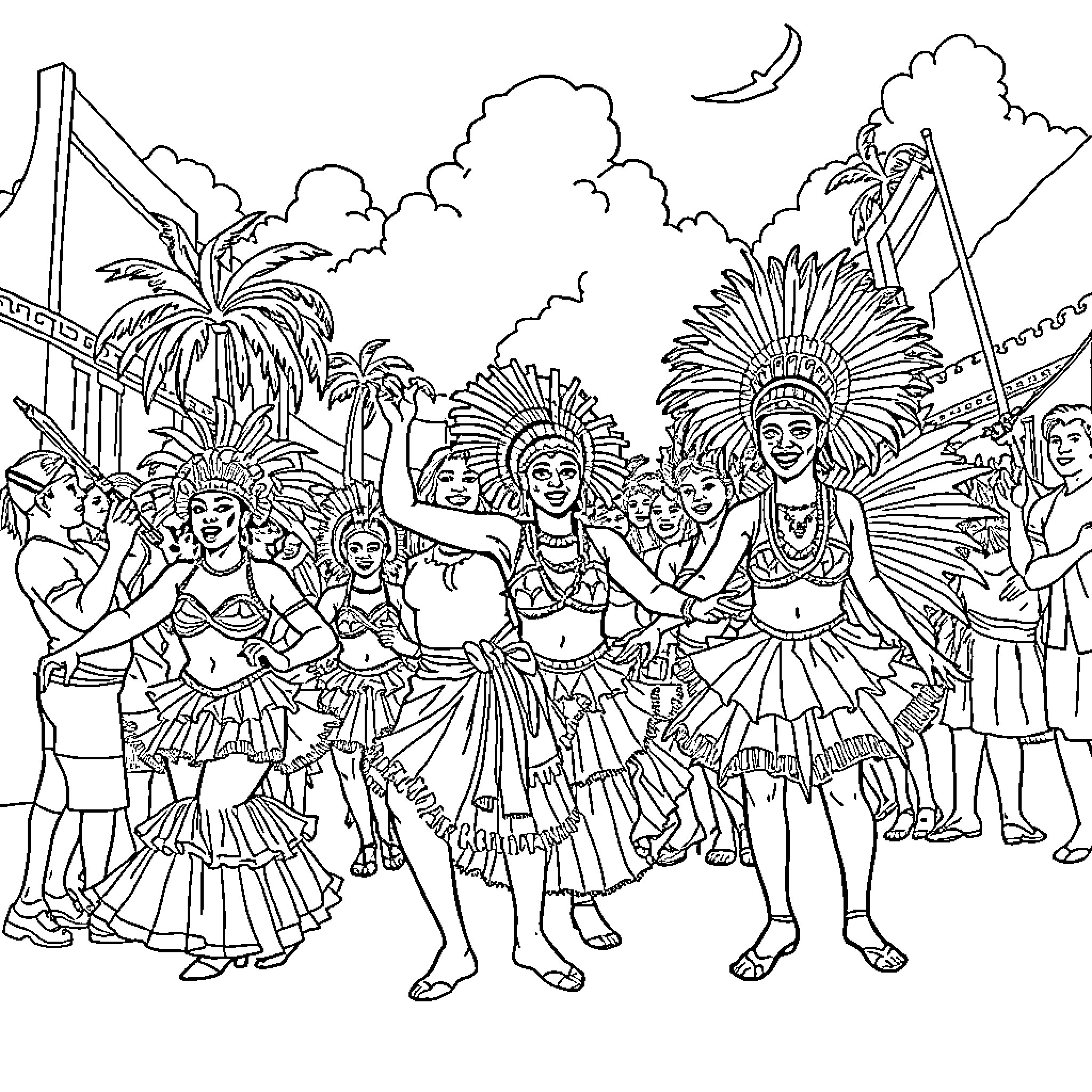 Trinidad Carnival celebration with vibrant costumes and dancers Coloring Page (free black-and-white line drawing printable PDF for all, from beginners to advanced learners, including children, teens, adults, and seniors)
