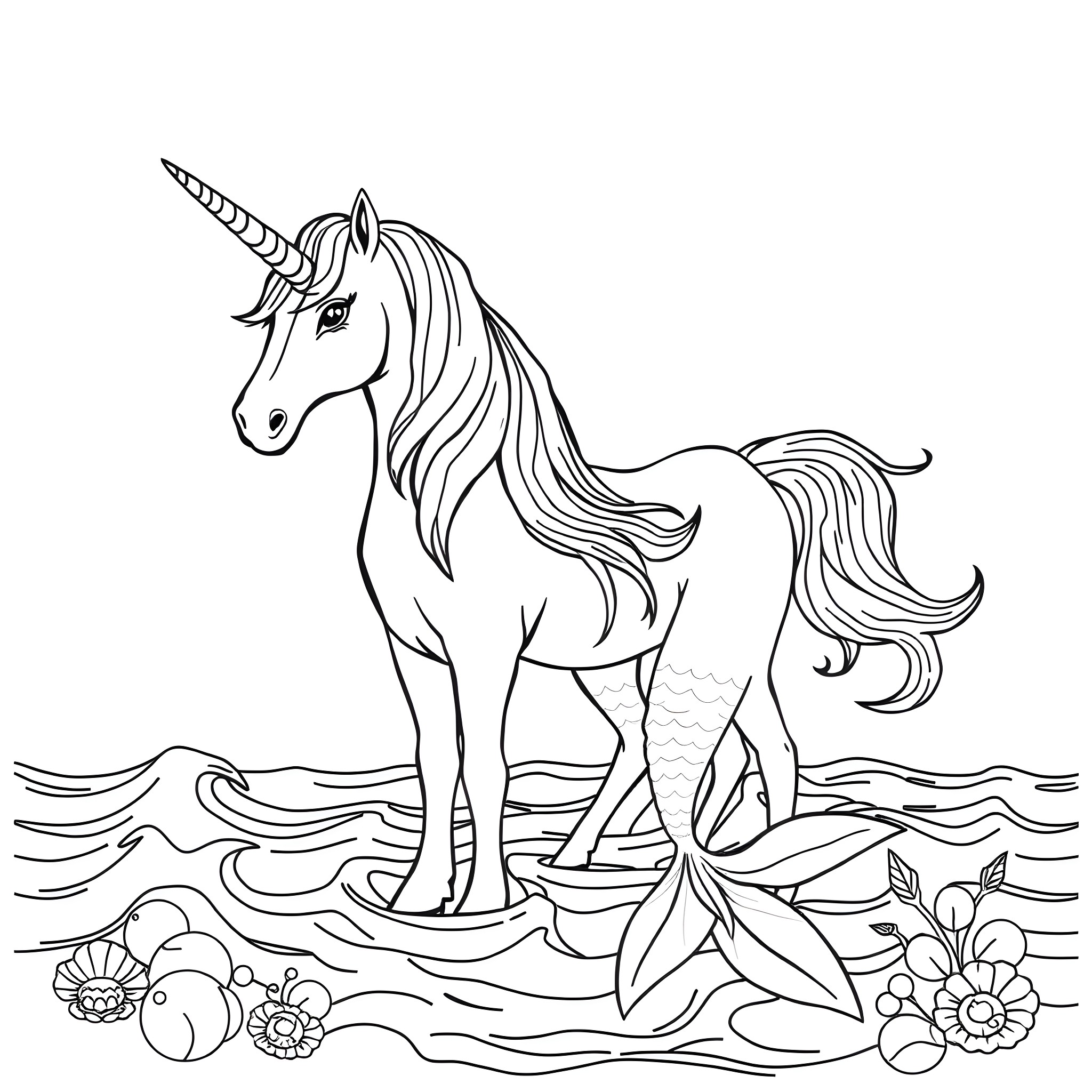 Unicorn standing gracefully in a magical landscape Coloring Page (free black-and-white line drawing printable PDF for all, from beginners to advanced learners, including children, teens, adults, and seniors)