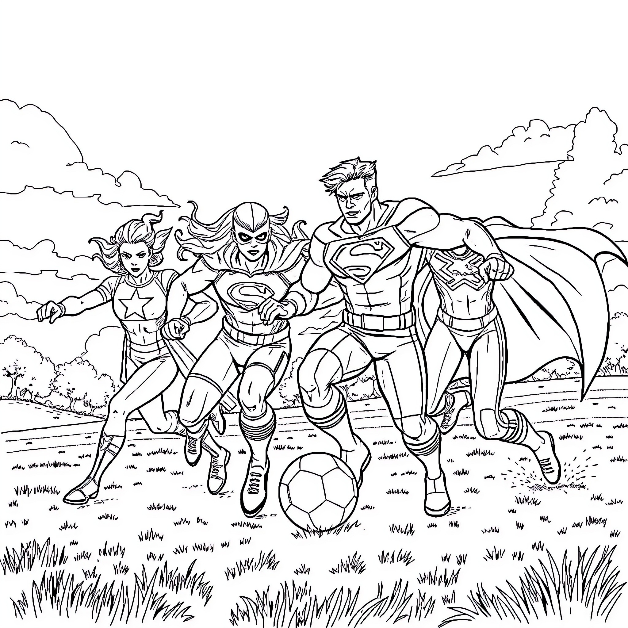 Superhero Team in Action Adventure Coloring Page (free black-and-white line drawing printable PDF for all, from beginners to advanced learners, including children, teens, adults, and seniors)
