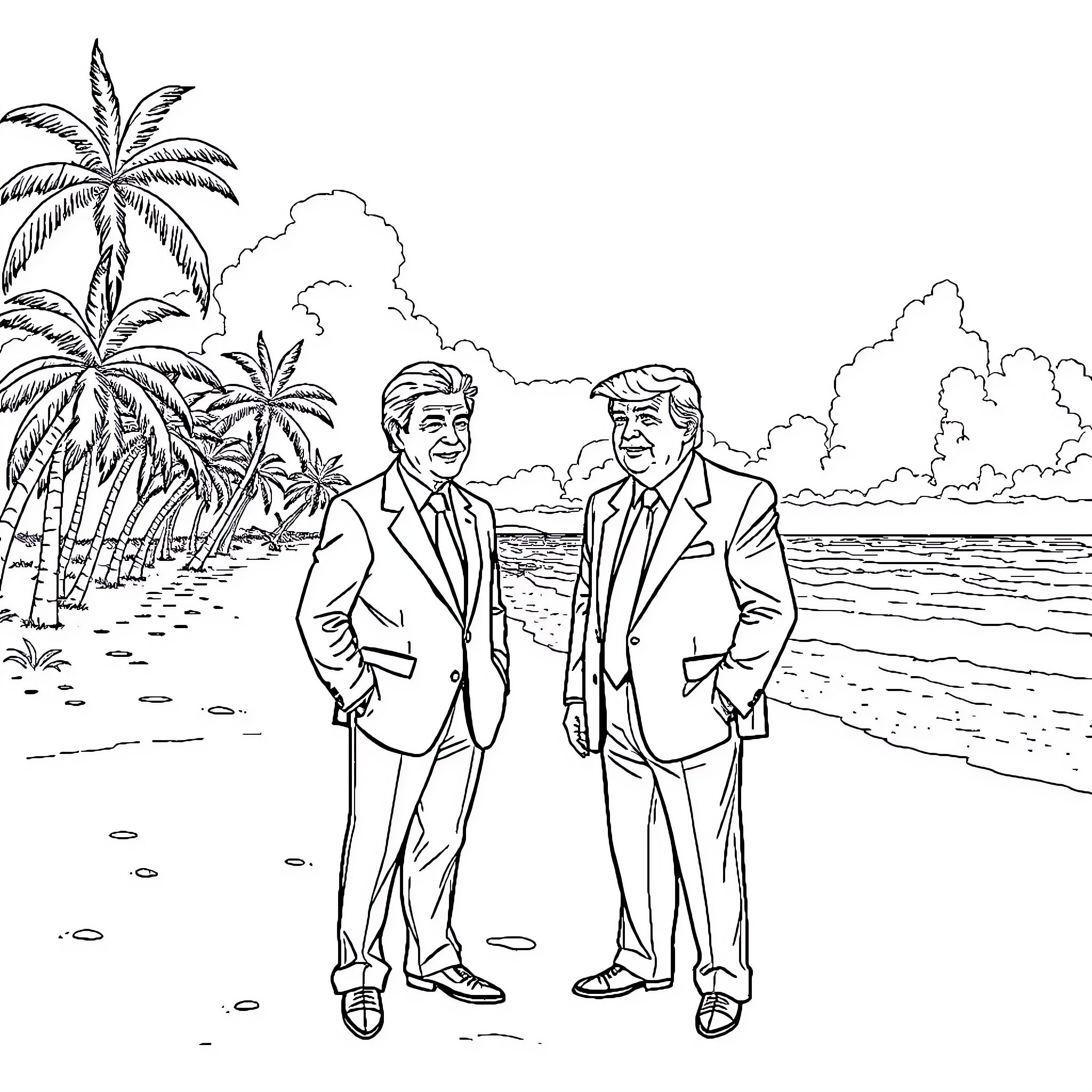 Bill Clinton and Donald Trump on a tropical beach Coloring Page (free black-and-white line drawing printable PDF for all, from beginners to advanced learners, including children, teens, adults, and seniors)