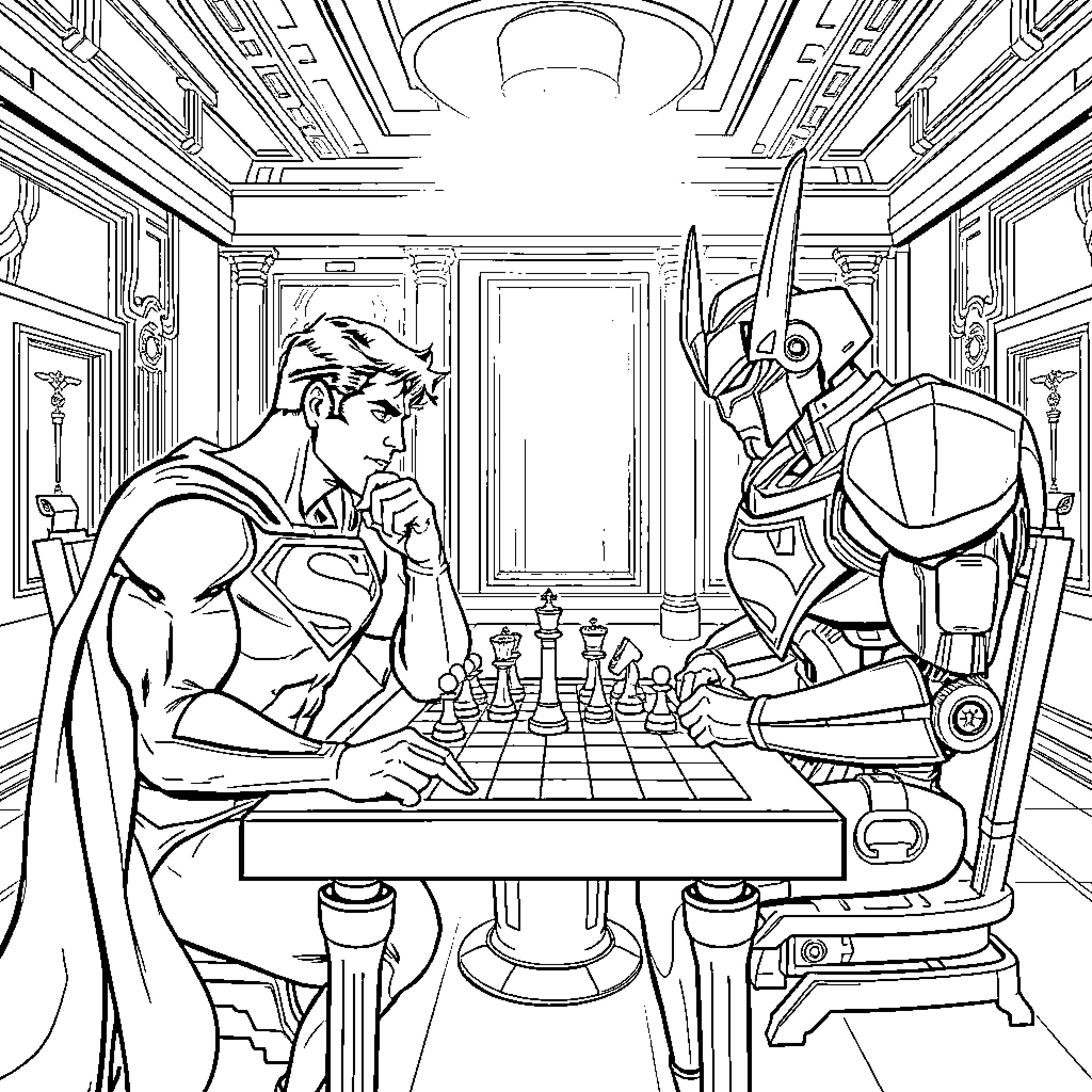 Superman playing chess with robot opponent in ornate room Coloring Page (free black-and-white line drawing printable PDF for all, from beginners to advanced learners, including children, teens, adults, and seniors)
