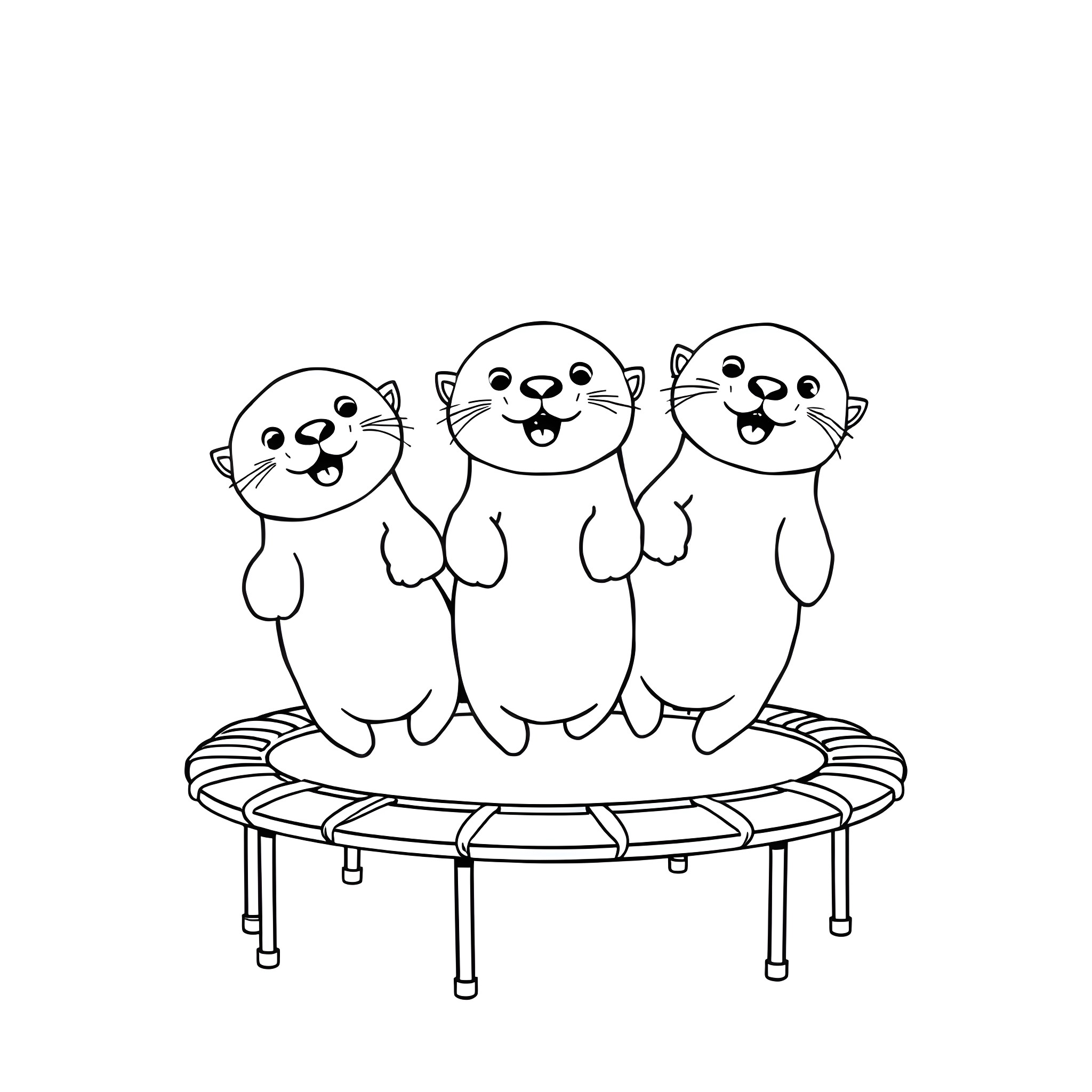 Sea Otters Playing Happily on a Trampoline Coloring Page (free black-and-white line drawing printable PDF for all, from beginners to advanced learners, including children, teens, adults, and seniors)