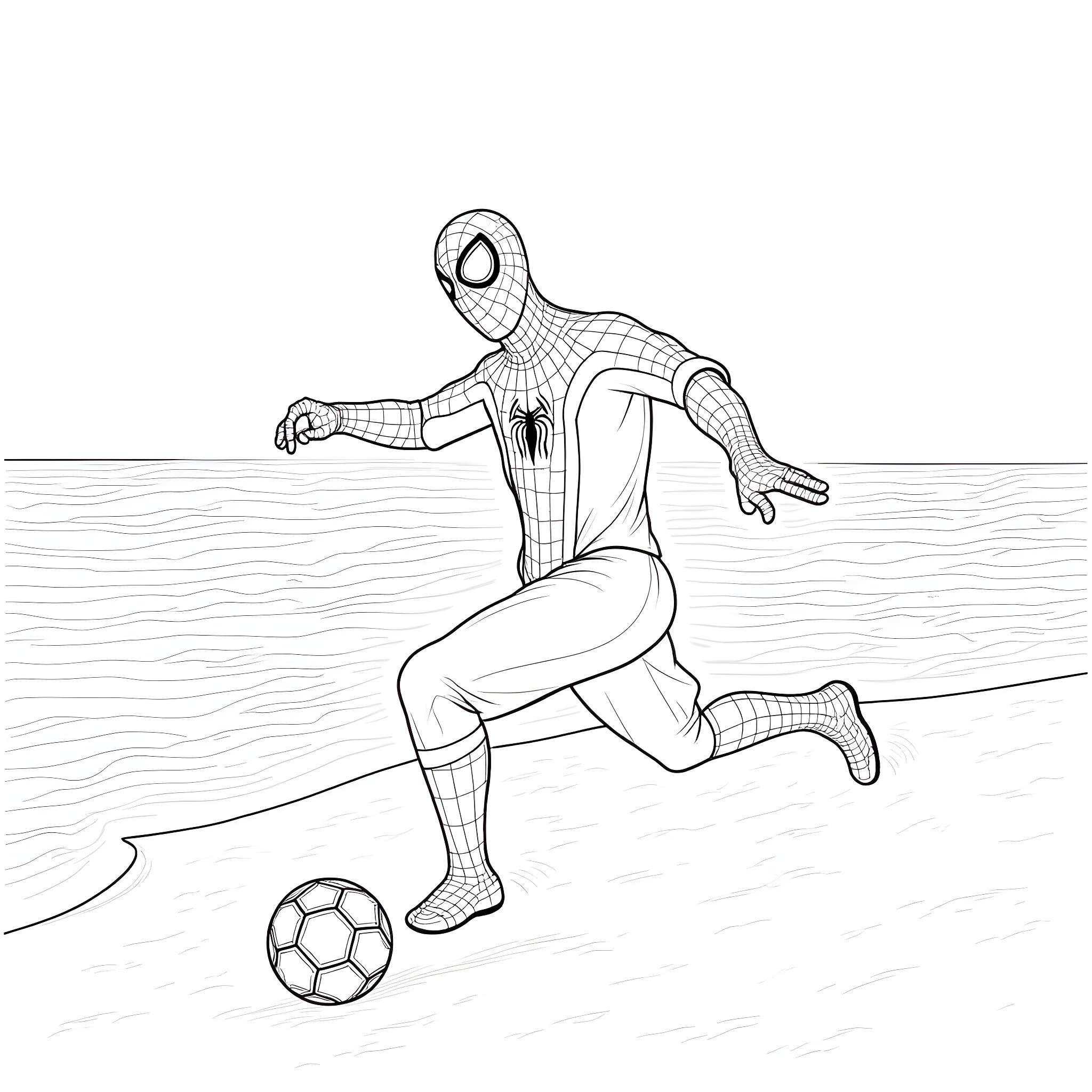 Spiderman playing soccer on the field Coloring Page (free black-and-white line drawing printable PDF for all, from beginners to advanced learners, including children, teens, adults, and seniors)