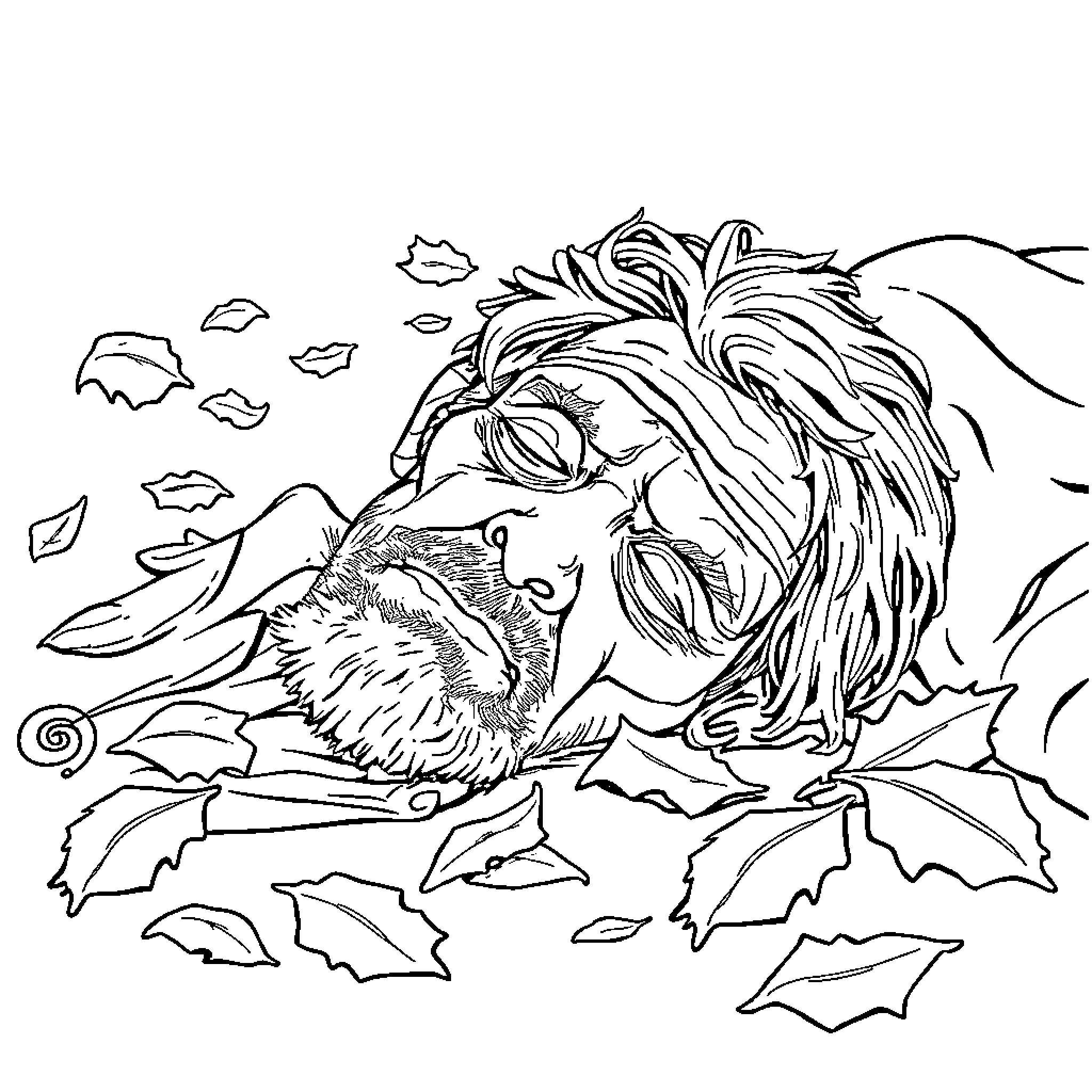 Man resting peacefully amidst autumn leaves Coloring Page (free black-and-white line drawing printable PDF for all, from beginners to advanced learners, including children, teens, adults, and seniors)