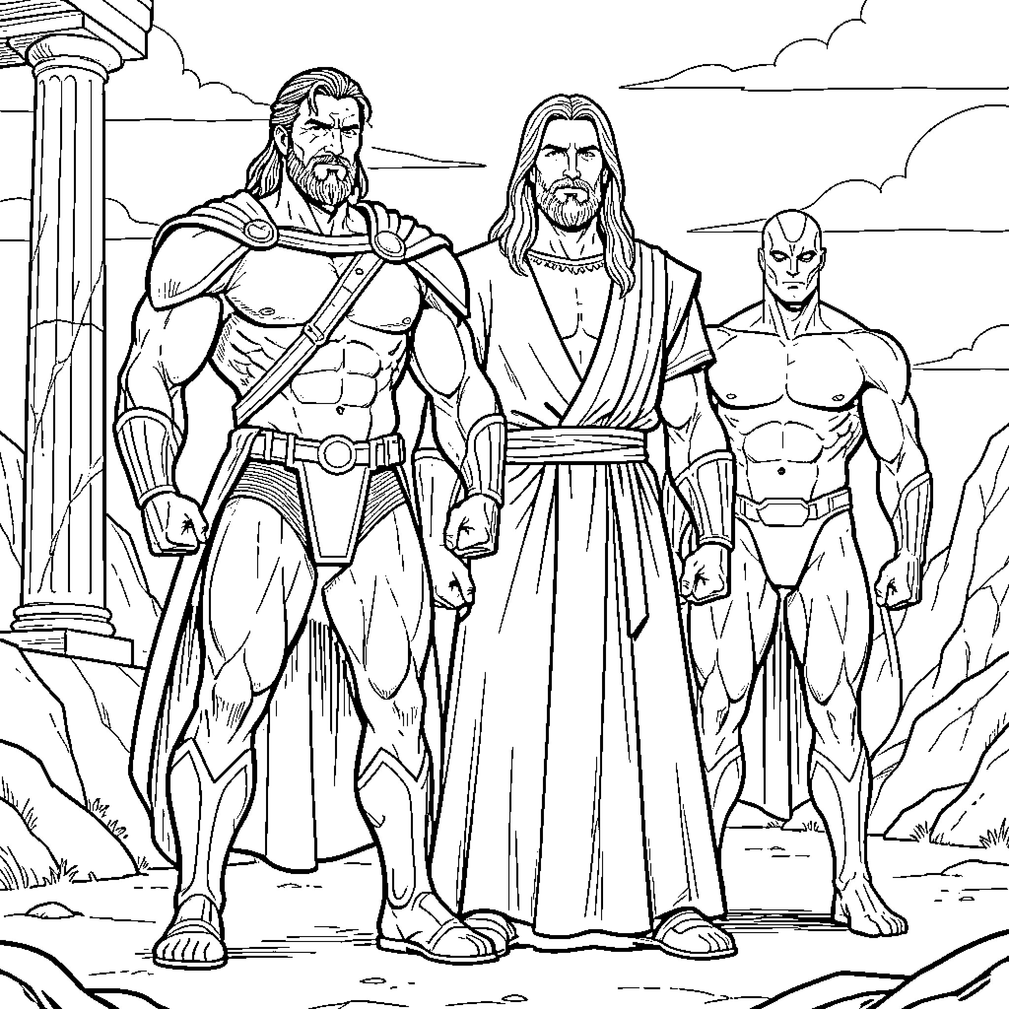 Invincible Heroes Standing in Heroic Poses Coloring Page (free black-and-white line drawing printable PDF for all, from beginners to advanced learners, including children, teens, adults, and seniors)