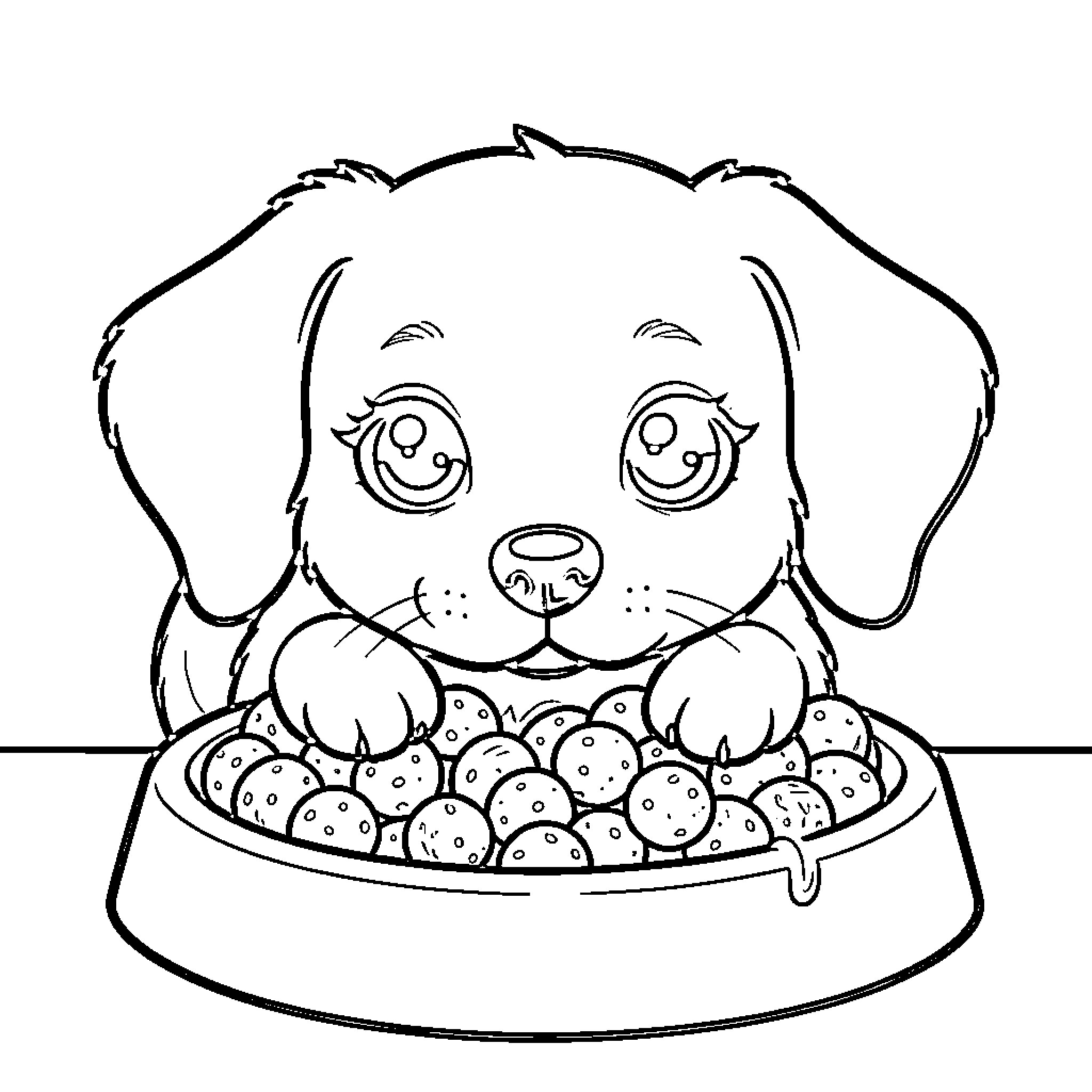 Perro jugando con pelotas en plato Coloring Page (free black-and-white line drawing printable PDF for all, from beginners to advanced learners, including children, teens, adults, and seniors)