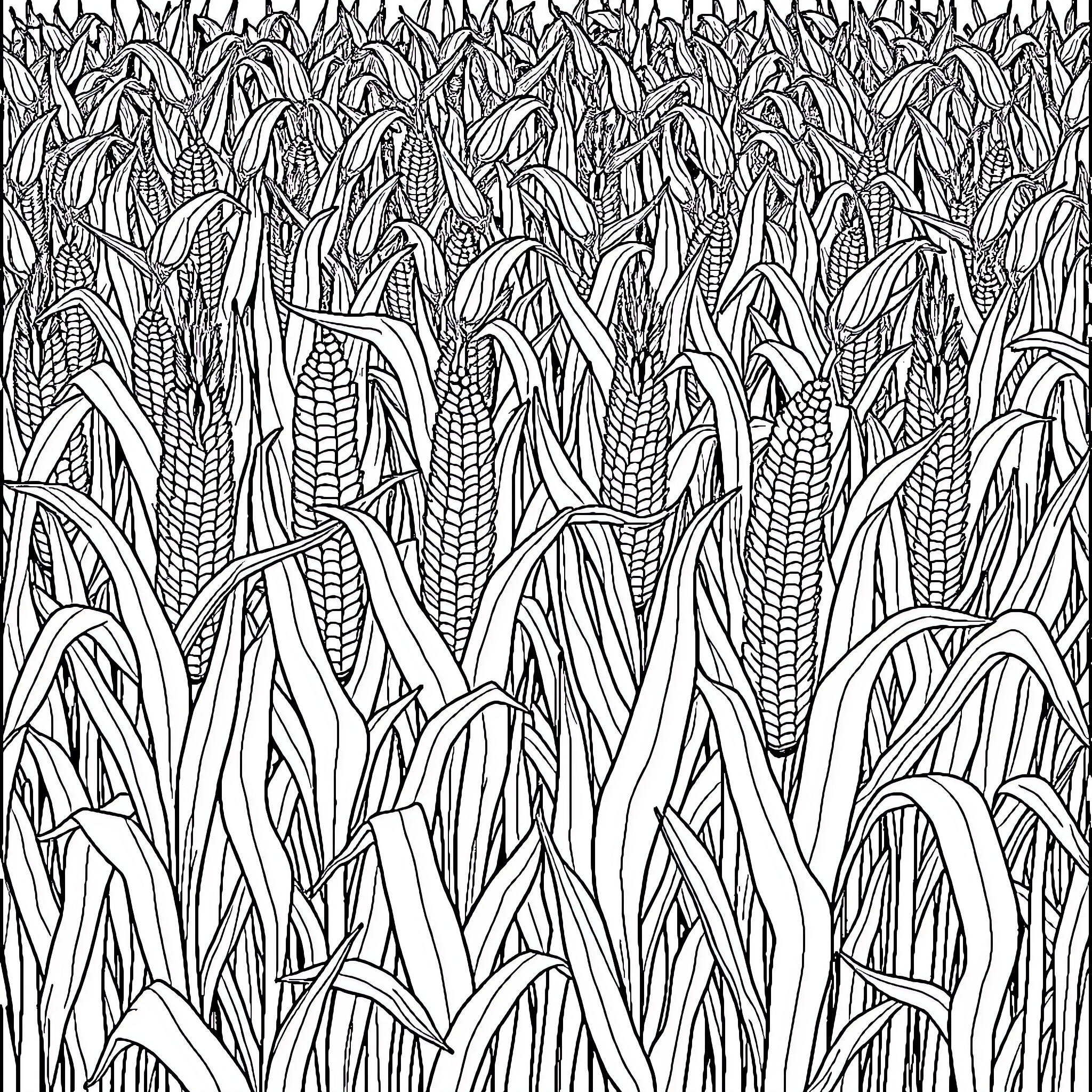 Maze of Corn Stalks Coloring Page (free black-and-white line drawing printable PDF for all, from beginners to advanced learners, including children, teens, adults, and seniors)